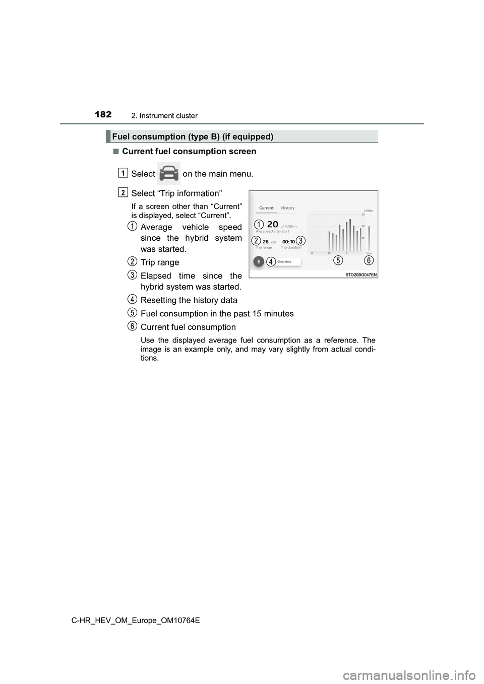 TOYOTA C-HR 2023 Owners Manual 1822. Instrument cluster
C-HR_HEV_OM_Europe_OM10764E
■Current fuel consumption screen
Select on the main menu.
Select “Trip information”
If a screen other than “Current”
is displa TOYOTA C-HR 2023 Owners Manual 1822. Instrument cluster
C-HR_HEV_OM_Europe_OM10764E
■Current fuel consumption screen
Select on the main menu.
Select “Trip information”
If a screen other than “Current”
is displa