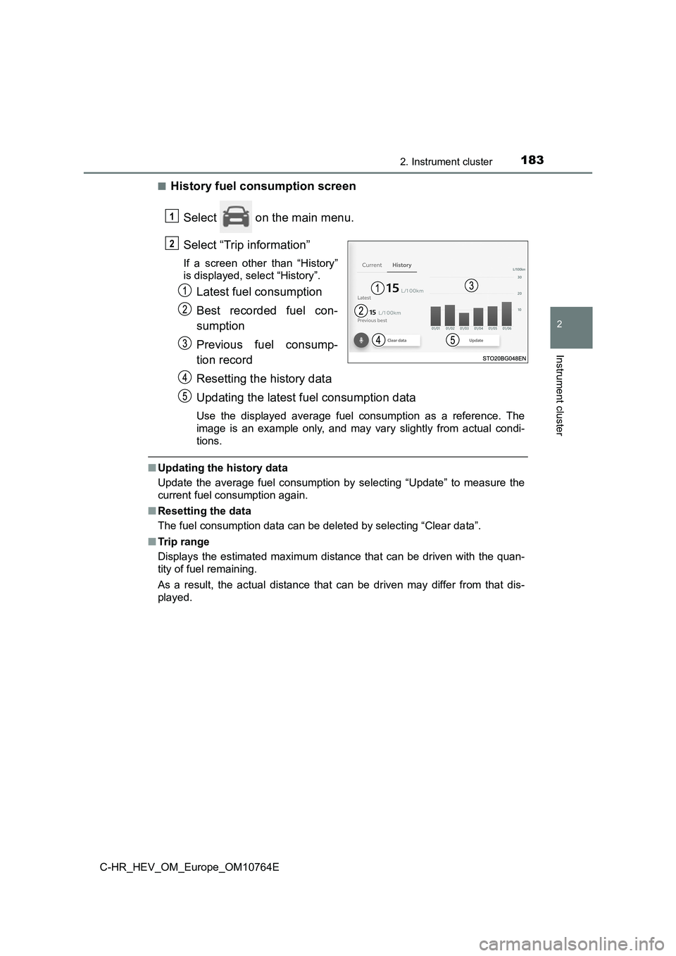 TOYOTA C-HR 2023 Owners Manual 1832. Instrument cluster
2
Instrument cluster
C-HR_HEV_OM_Europe_OM10764E
■History fuel consumption screen
Select on the main menu.
Select “Trip information”
If a screen other than “ TOYOTA C-HR 2023 Owners Manual 1832. Instrument cluster
2
Instrument cluster
C-HR_HEV_OM_Europe_OM10764E
■History fuel consumption screen
Select on the main menu.
Select “Trip information”
If a screen other than “