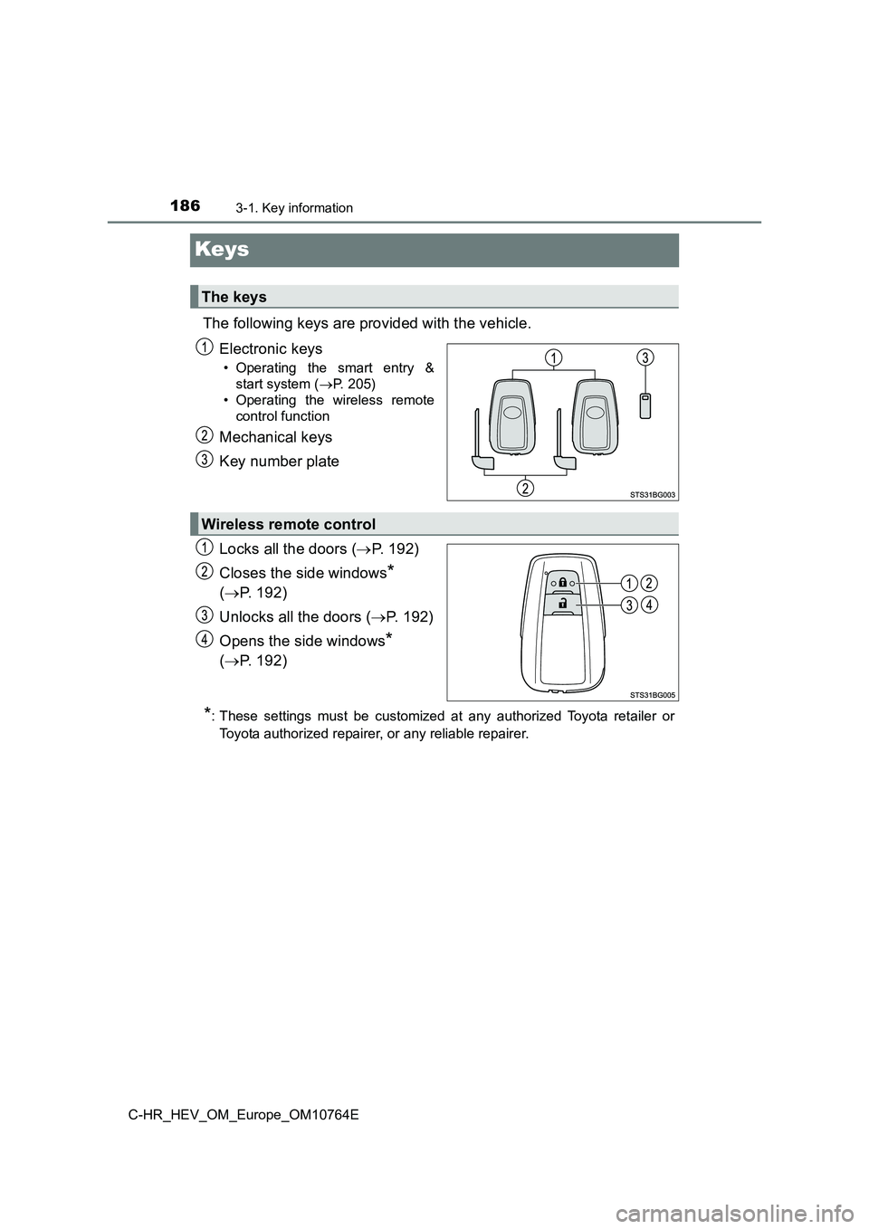TOYOTA C-HR 2023 Owners Manual 1863-1. Key information
C-HR_HEV_OM_Europe_OM10764E
Keys
The following keys are provided with the vehicle.
Electronic keys
• Operating the smart entry &
start system ( P. 205)
• Operatin TOYOTA C-HR 2023 Owners Manual 1863-1. Key information
C-HR_HEV_OM_Europe_OM10764E
Keys
The following keys are provided with the vehicle.
Electronic keys
• Operating the smart entry &
start system ( P. 205)
• Operatin