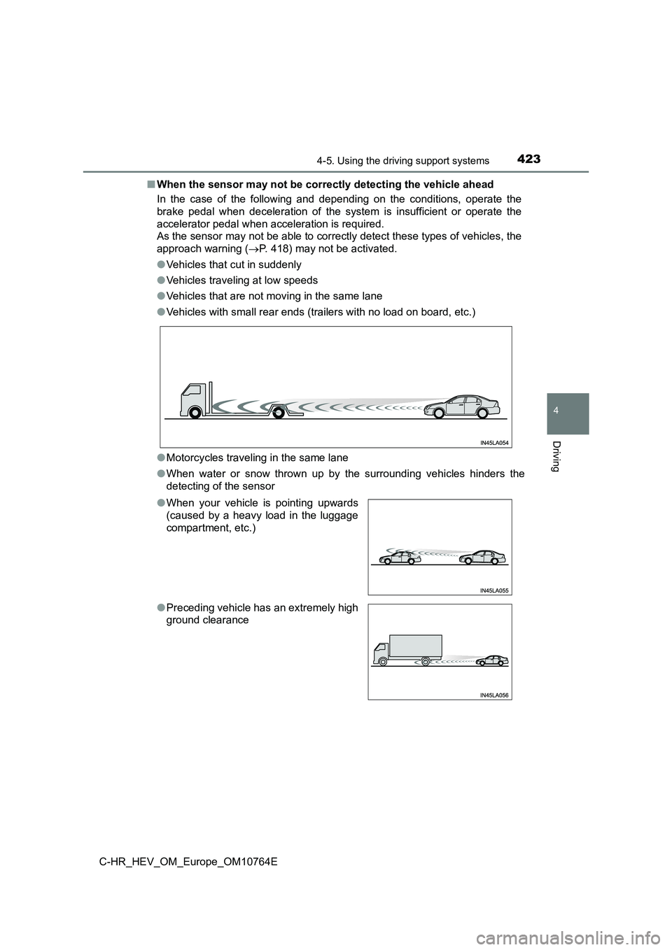 TOYOTA C-HR 2023 Owners Manual 4234-5. Using the driving support systems
4
Driving
C-HR_HEV_OM_Europe_OM10764E
■ When the sensor may not be correctly detecting the vehicle ahead
In the case of the following and depending TOYOTA C-HR 2023 Owners Manual 4234-5. Using the driving support systems
4
Driving
C-HR_HEV_OM_Europe_OM10764E
■ When the sensor may not be correctly detecting the vehicle ahead
In the case of the following and depending