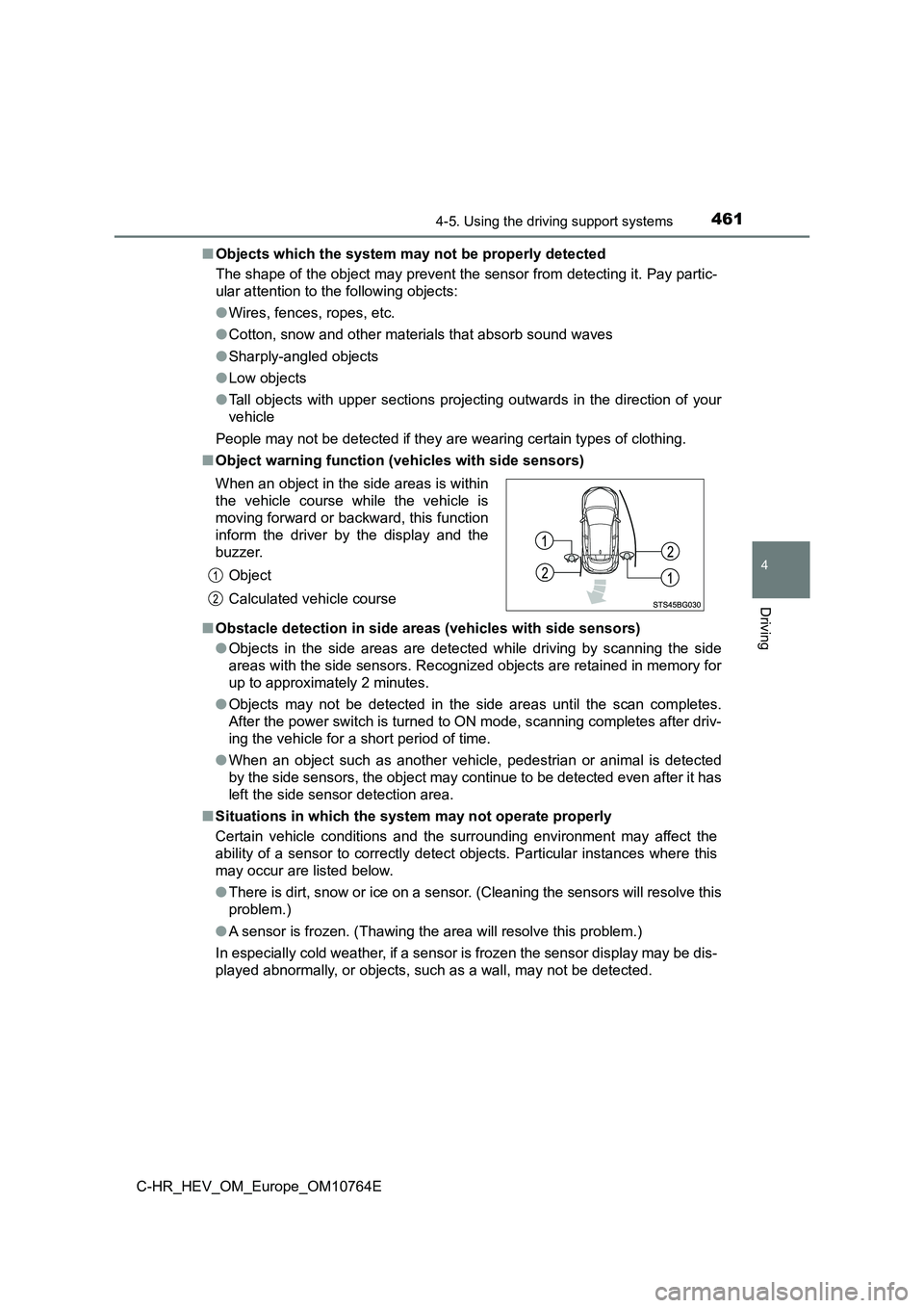 TOYOTA C-HR 2023  Owners Manual 4614-5. Using the driving support systems
4
Driving
C-HR_HEV_OM_Europe_OM10764E 
■ Objects which the system may not be properly detected 
The shape of the object may prevent the sensor from detectin