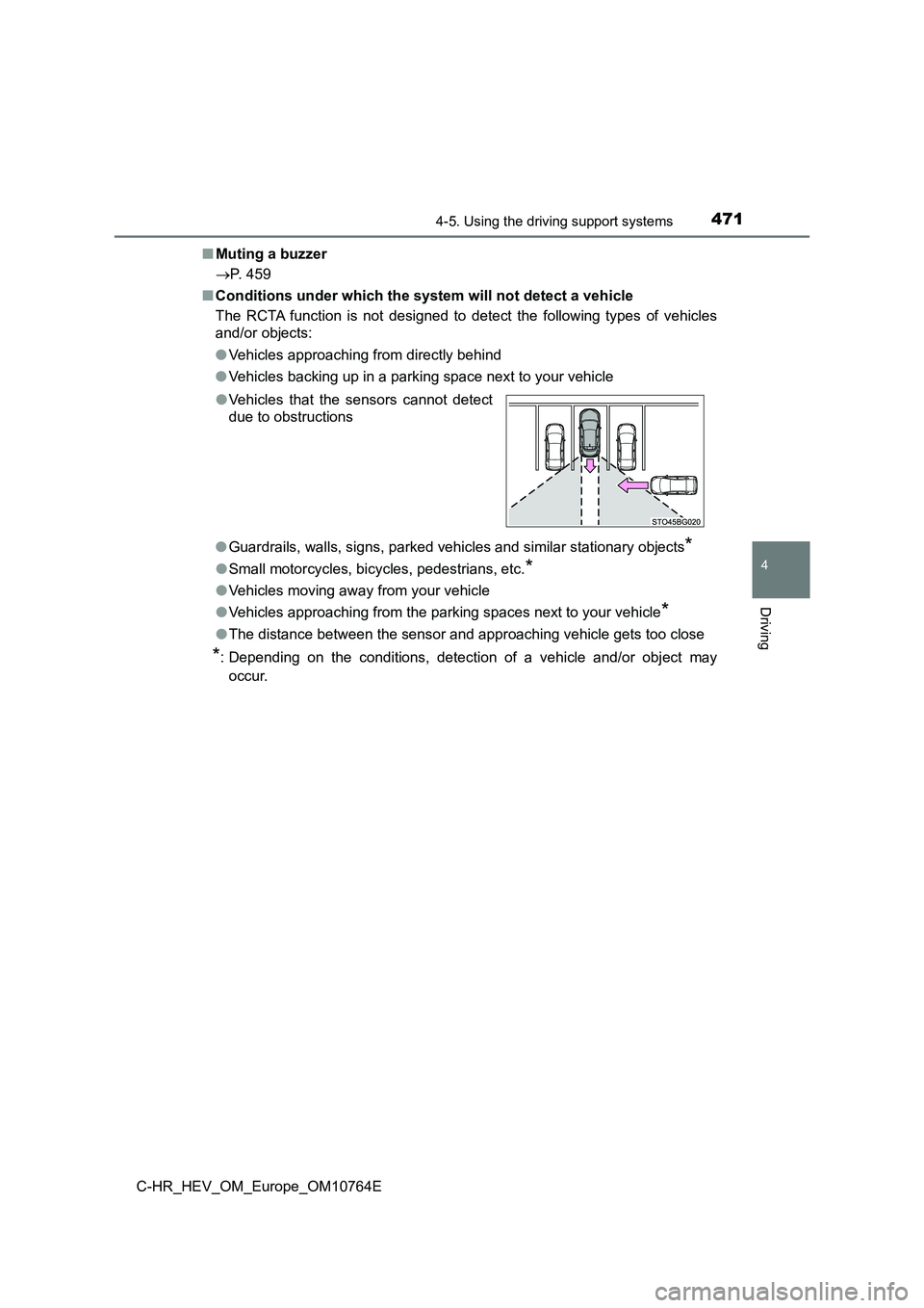 TOYOTA C-HR 2023 Owners Manual 4714-5. Using the driving support systems
4
Driving
C-HR_HEV_OM_Europe_OM10764E
■ Muting a buzzer
P. 459
■ Conditions under which the system will not detect a vehicle
The RCTA function TOYOTA C-HR 2023 Owners Manual 4714-5. Using the driving support systems
4
Driving
C-HR_HEV_OM_Europe_OM10764E
■ Muting a buzzer
P. 459
■ Conditions under which the system will not detect a vehicle
The RCTA function