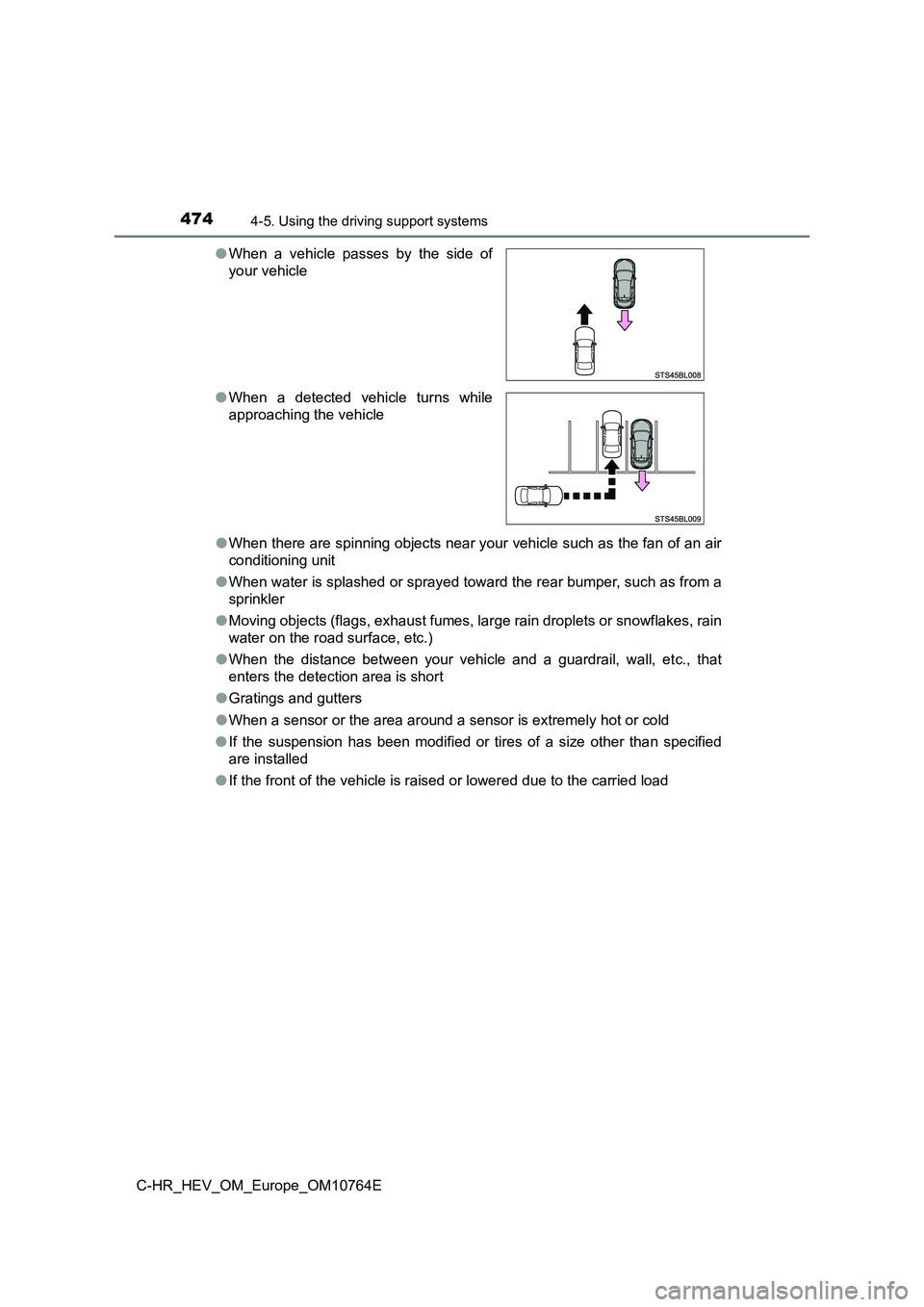 TOYOTA C-HR 2023 User Guide 4744-5. Using the driving support systems
C-HR_HEV_OM_Europe_OM10764E
● When there are spinning objects near your vehicle such as the fan of an air
conditioning unit
● When water is splashed or TOYOTA C-HR 2023 User Guide 4744-5. Using the driving support systems
C-HR_HEV_OM_Europe_OM10764E
● When there are spinning objects near your vehicle such as the fan of an air
conditioning unit
● When water is splashed or