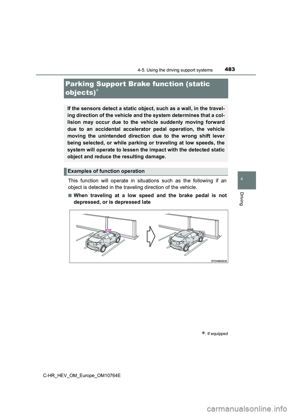 TOYOTA C-HR 2023 Owners Manual 483
4
4-5. Using the driving support systems
Driving
C-HR_HEV_OM_Europe_OM10764E
Parking Support Brake function (static
objects)
This function will operate in situations such as the foll TOYOTA C-HR 2023 Owners Manual 483
4
4-5. Using the driving support systems
Driving
C-HR_HEV_OM_Europe_OM10764E
Parking Support Brake function (static
objects)
This function will operate in situations such as the foll