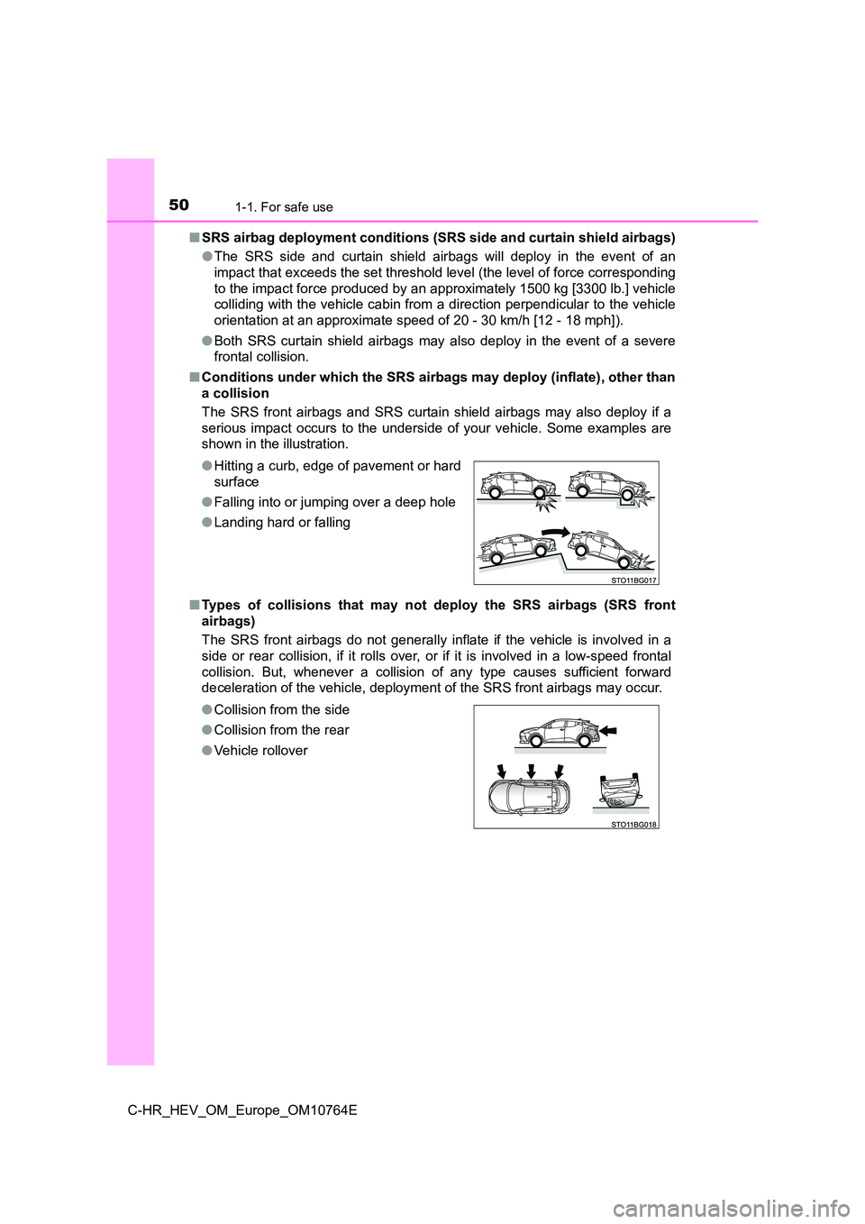 TOYOTA C-HR 2023 Workshop Manual 501-1. For safe use
C-HR_HEV_OM_Europe_OM10764E
■ SRS airbag deployment conditions (SRS side and curtain shield airbags)
● The SRS side and curtain shield airbags will deploy in the e TOYOTA C-HR 2023 Workshop Manual 501-1. For safe use
C-HR_HEV_OM_Europe_OM10764E
■ SRS airbag deployment conditions (SRS side and curtain shield airbags)
● The SRS side and curtain shield airbags will deploy in the e