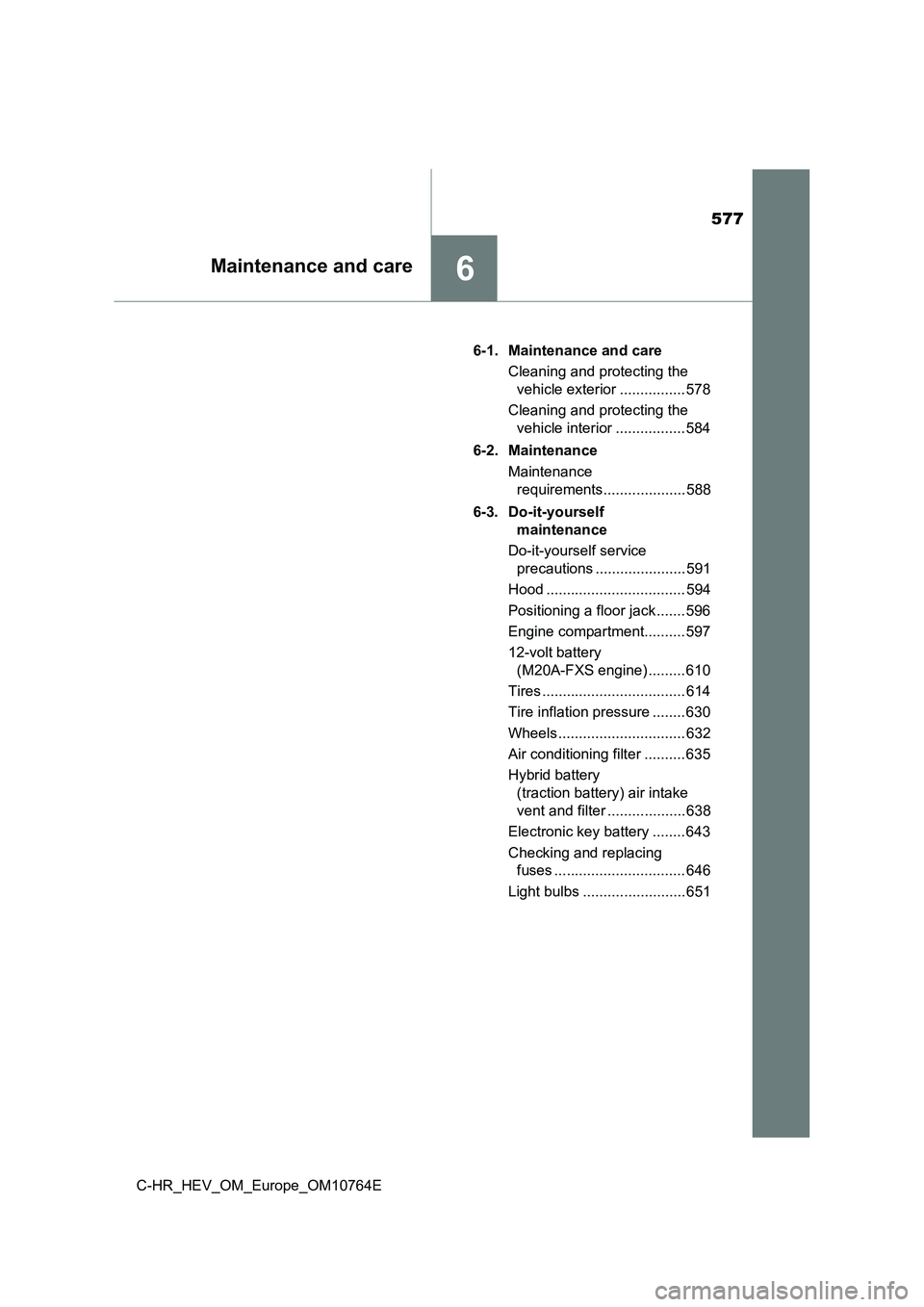 TOYOTA C-HR 2023 Owners Guide 577
6Maintenance and care
C-HR_HEV_OM_Europe_OM10764E
6-1. Maintenance and care
Cleaning and protecting the
vehicle exterior ................ 578
Cleaning and protecting the
vehicle interior .. TOYOTA C-HR 2023 Owners Guide 577
6Maintenance and care
C-HR_HEV_OM_Europe_OM10764E
6-1. Maintenance and care
Cleaning and protecting the
vehicle exterior ................ 578
Cleaning and protecting the
vehicle interior ..