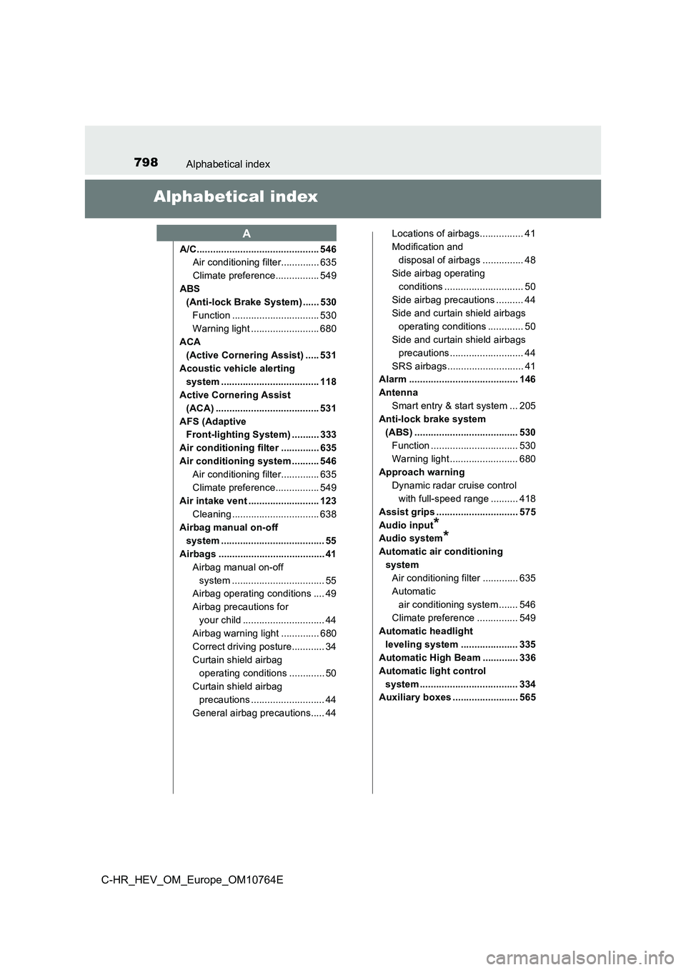 TOYOTA C-HR 2023 Owners Manual 798Alphabetical index
C-HR_HEV_OM_Europe_OM10764E
Alphabetical index
A/C............................................. 546
Air conditioning filter.............. 635
Climate preference................ TOYOTA C-HR 2023 Owners Manual 798Alphabetical index
C-HR_HEV_OM_Europe_OM10764E
Alphabetical index
A/C............................................. 546
Air conditioning filter.............. 635
Climate preference................