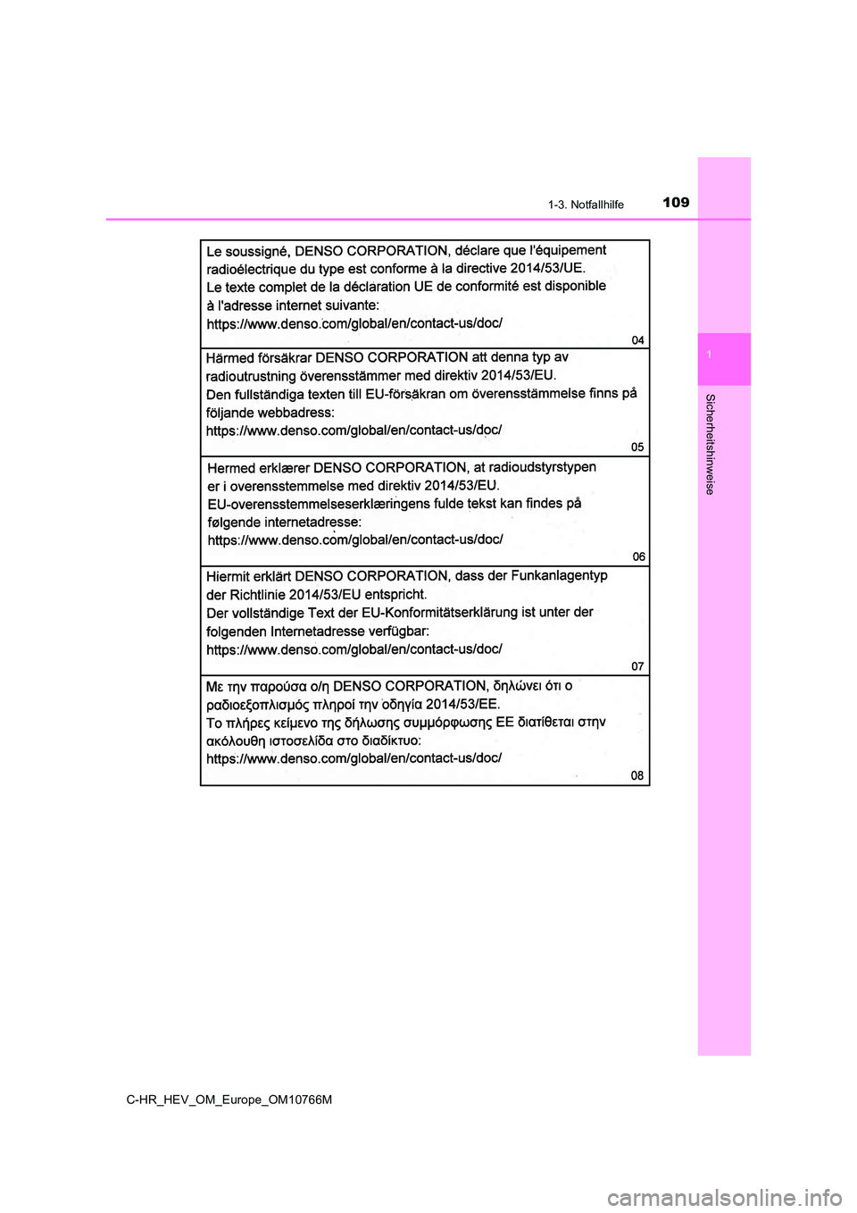 TOYOTA C-HR 2023  Betriebsanleitungen (in German) 1091-3. Notfallhilfe
1
Sicherheitshinweise
C-HR_HEV_OM_Europe_OM10766M 