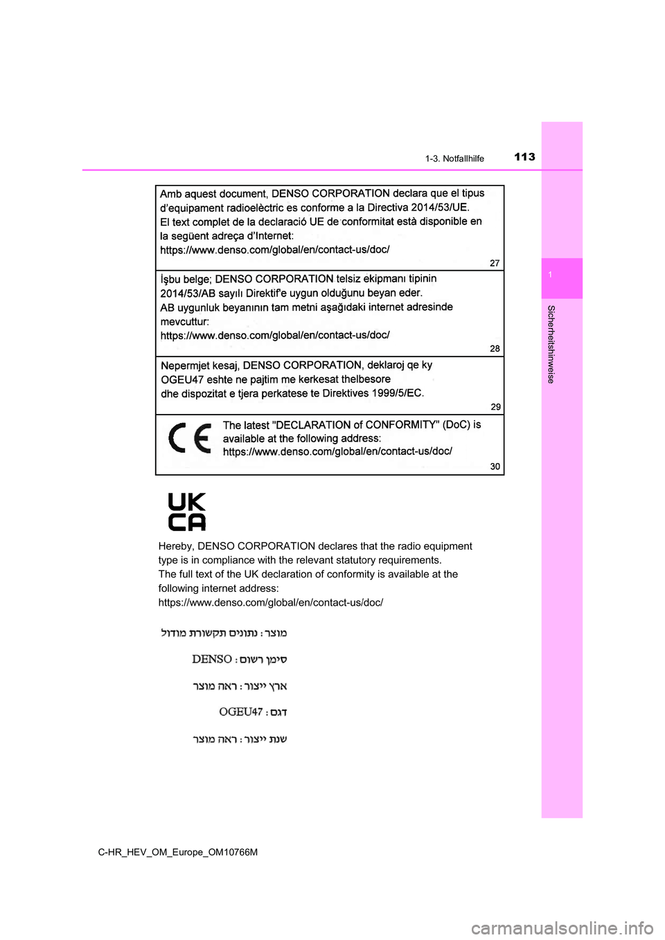 TOYOTA C-HR 2023  Betriebsanleitungen (in German) 1131-3. Notfallhilfe
1
Sicherheitshinweise
C-HR_HEV_OM_Europe_OM10766M 