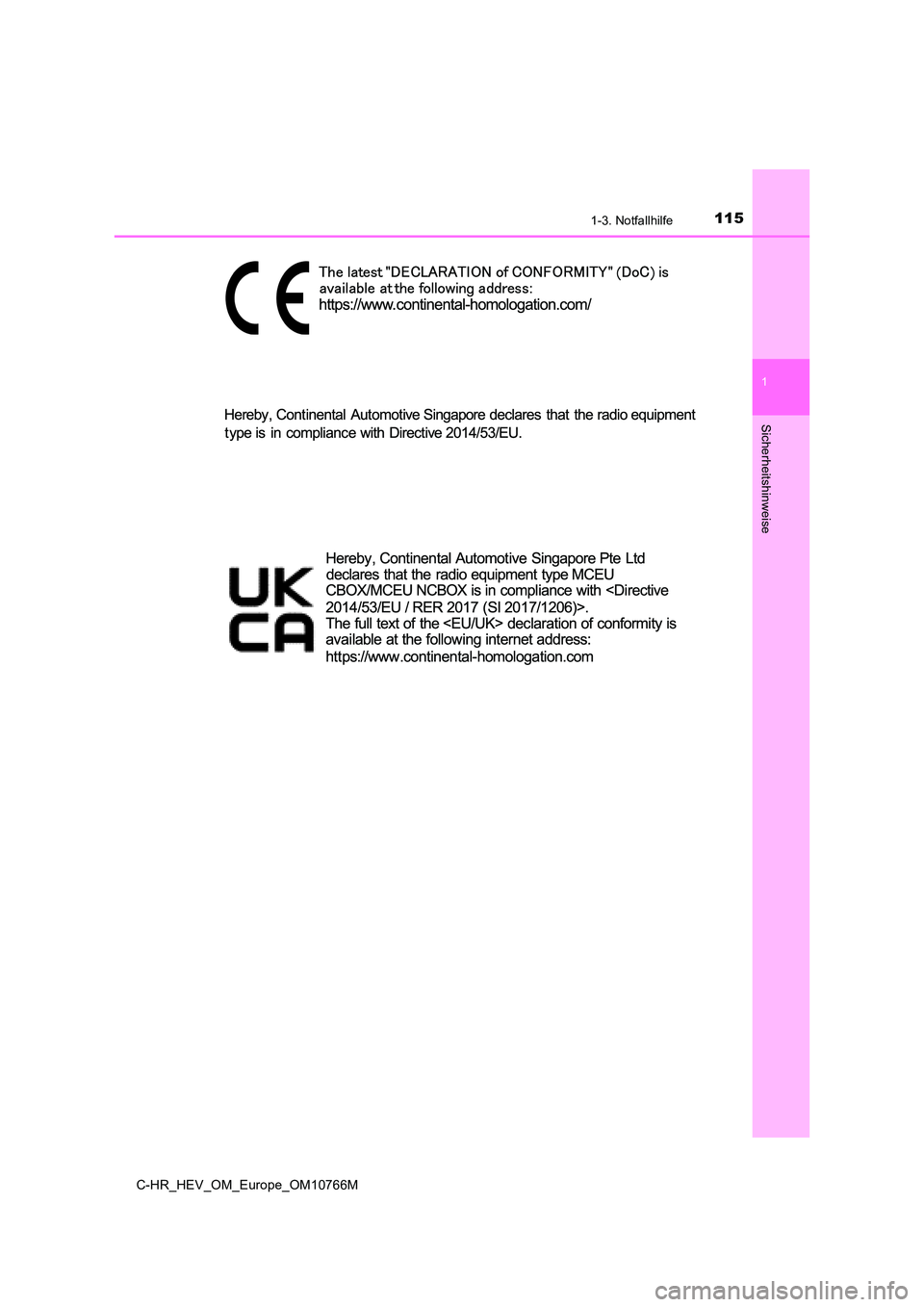 TOYOTA C-HR 2023  Betriebsanleitungen (in German) 1151-3. Notfallhilfe
1
Sicherheitshinweise
C-HR_HEV_OM_Europe_OM10766M 