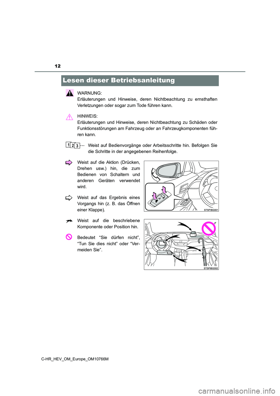 TOYOTA C-HR 2023 Betriebsanleitungen (in German) 12
C-HR_HEV_OM_Europe_OM10766M
Lesen dieser Betriebsanleitung
WARNUNG:
Erläuterungen und Hinweise, deren Nichtbeachtung zu ernsthaften
Verletzungen oder sogar zum Tode führen kann.
HINWEIS TOYOTA C-HR 2023 Betriebsanleitungen (in German) 12
C-HR_HEV_OM_Europe_OM10766M
Lesen dieser Betriebsanleitung
WARNUNG:
Erläuterungen und Hinweise, deren Nichtbeachtung zu ernsthaften
Verletzungen oder sogar zum Tode führen kann.
HINWEIS