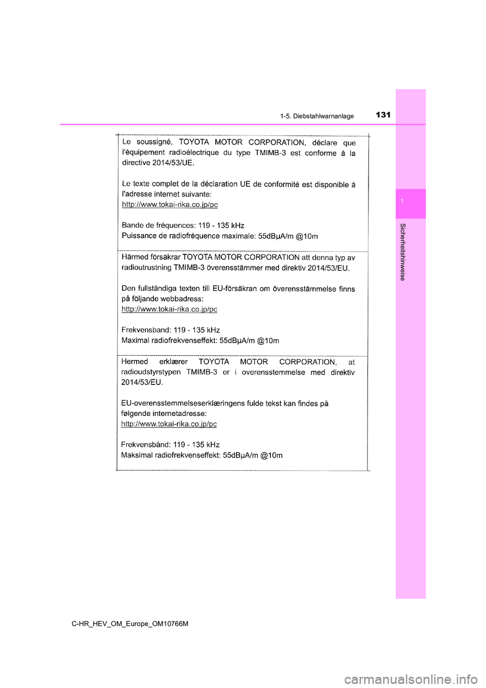 TOYOTA C-HR 2023  Betriebsanleitungen (in German) 1311-5. Diebstahlwarnanlage
1
Sicherheitshinweise
C-HR_HEV_OM_Europe_OM10766M 
