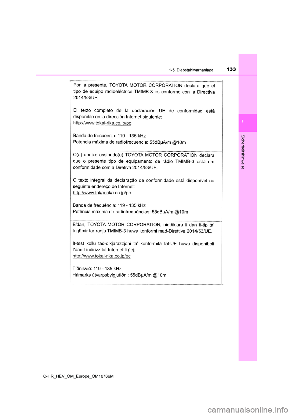 TOYOTA C-HR 2023  Betriebsanleitungen (in German) 1331-5. Diebstahlwarnanlage
1
Sicherheitshinweise
C-HR_HEV_OM_Europe_OM10766M 