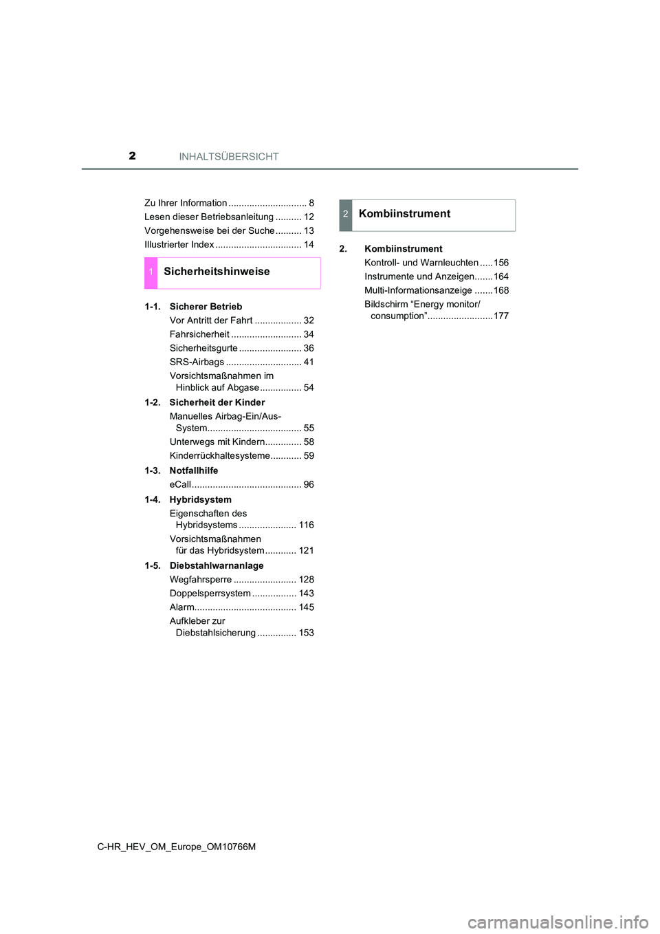 TOYOTA C-HR 2023 Betriebsanleitungen (in German) INHALTSÜBERSICHT2
C-HR_HEV_OM_Europe_OM10766M
Zu Ihrer Information .............................. 8
Lesen dieser Betriebsanleitung .......... 12
Vorgehensweise bei der Suche .......... 13
Illustrie TOYOTA C-HR 2023 Betriebsanleitungen (in German) INHALTSÜBERSICHT2
C-HR_HEV_OM_Europe_OM10766M
Zu Ihrer Information .............................. 8
Lesen dieser Betriebsanleitung .......... 12
Vorgehensweise bei der Suche .......... 13
Illustrie