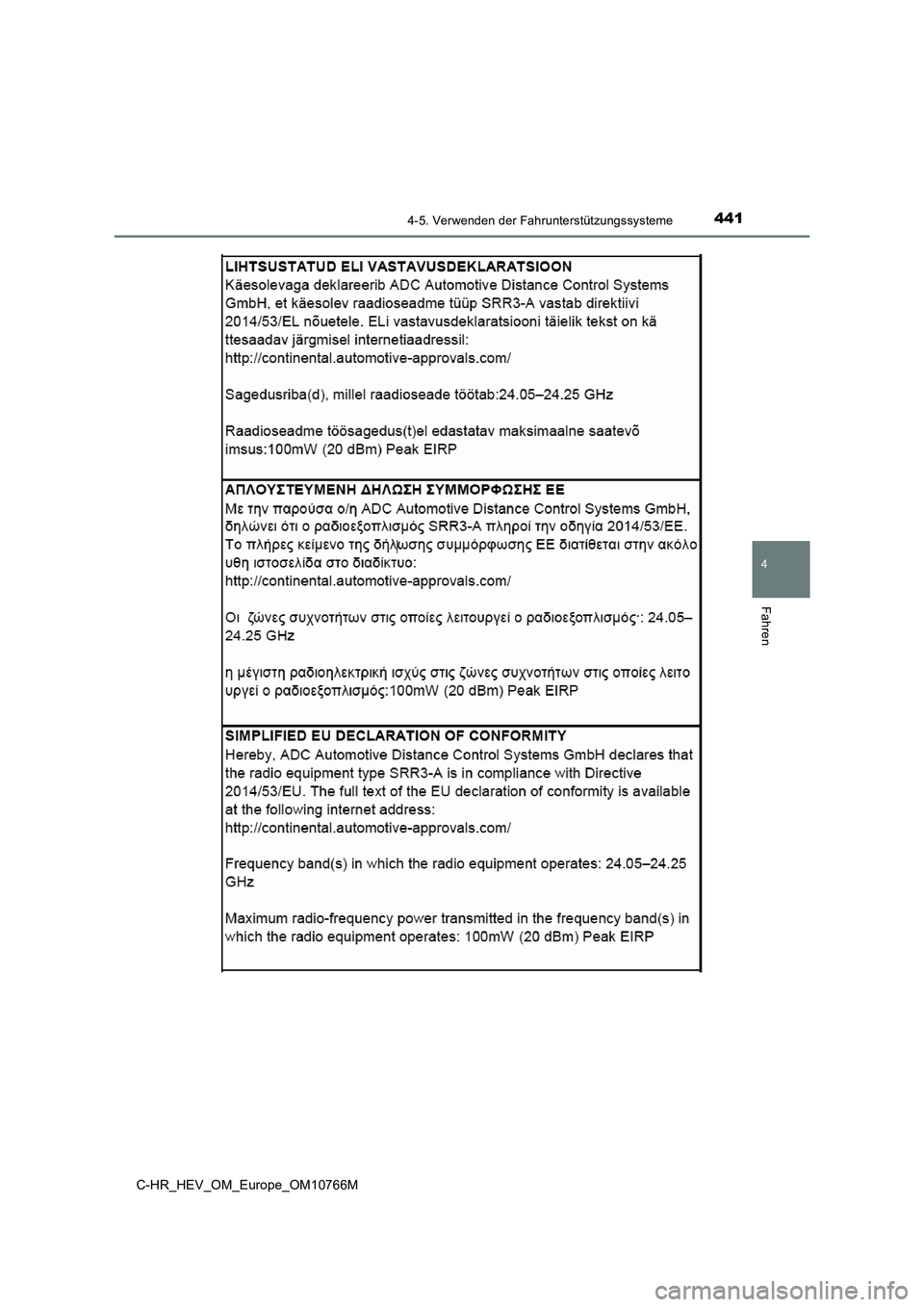 TOYOTA C-HR 2023  Betriebsanleitungen (in German) 4414-5. Verwenden der Fahrunterstützungssysteme
4
Fahren
C-HR_HEV_OM_Europe_OM10766M 