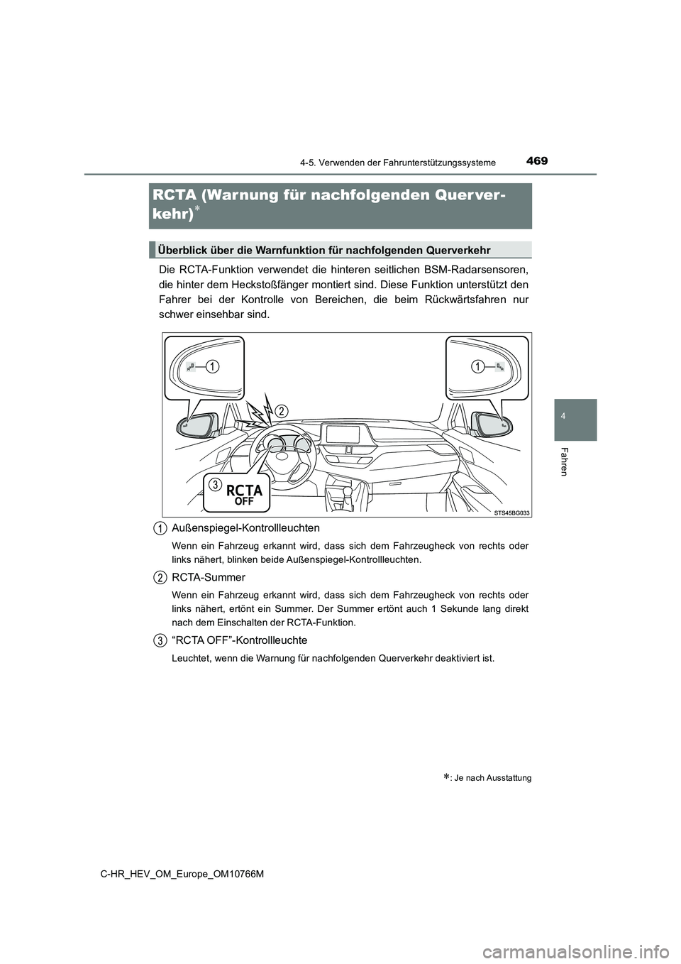 TOYOTA C-HR 2023 Betriebsanleitungen (in German) 469
4
4-5. Verwenden der Fahrunterstützungssysteme
Fahren
C-HR_HEV_OM_Europe_OM10766M
RCTA (Warnung für nachfolgenden Quer ver-
kehr)
Die RCTA-Funktion verwendet die h interen seitlichen B TOYOTA C-HR 2023 Betriebsanleitungen (in German) 469
4
4-5. Verwenden der Fahrunterstützungssysteme
Fahren
C-HR_HEV_OM_Europe_OM10766M
RCTA (Warnung für nachfolgenden Quer ver-
kehr)
Die RCTA-Funktion verwendet die h interen seitlichen B