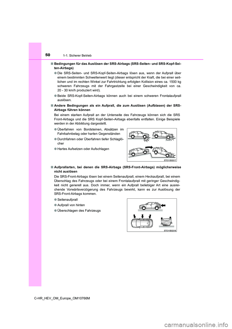 TOYOTA C-HR 2023 Betriebsanleitungen (in German) 501-1. Sicherer Betrieb
C-HR_HEV_OM_Europe_OM10766M
■ Bedingungen für das Auslösen der SRS-Airbags (SRS-Seiten- und SRS-Kopf-Sei-
ten-Airbags)
● Die SRS-Seiten- und SRS-Kopf-Seiten-Airbags TOYOTA C-HR 2023 Betriebsanleitungen (in German) 501-1. Sicherer Betrieb
C-HR_HEV_OM_Europe_OM10766M
■ Bedingungen für das Auslösen der SRS-Airbags (SRS-Seiten- und SRS-Kopf-Sei-
ten-Airbags)
● Die SRS-Seiten- und SRS-Kopf-Seiten-Airbags