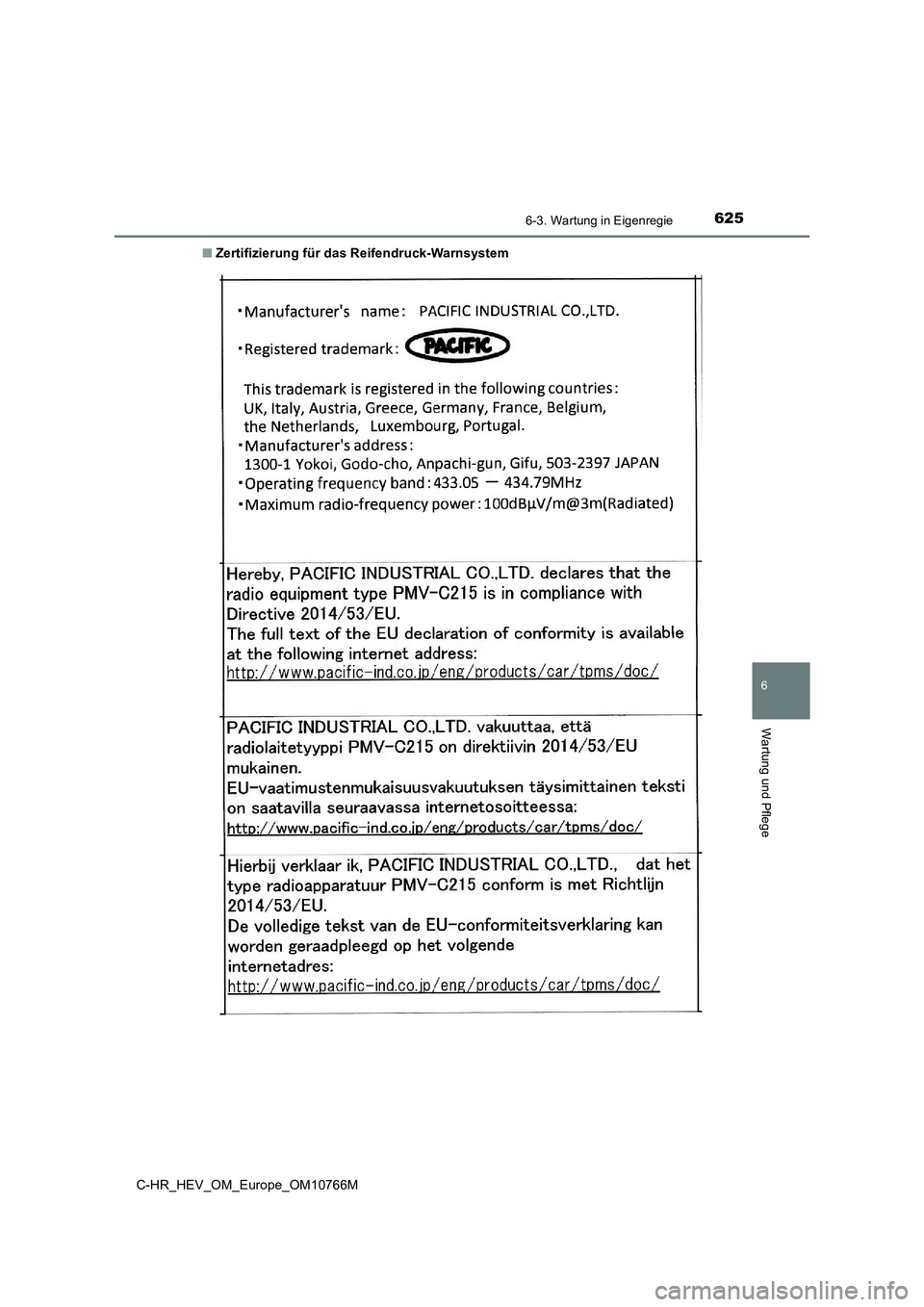 TOYOTA C-HR 2023  Betriebsanleitungen (in German) 6256-3. Wartung in Eigenregie
C-HR_HEV_OM_Europe_OM10766M
6
Wartung und Pflege
■Zertifizierung für das Reifendruck-Warnsystem 