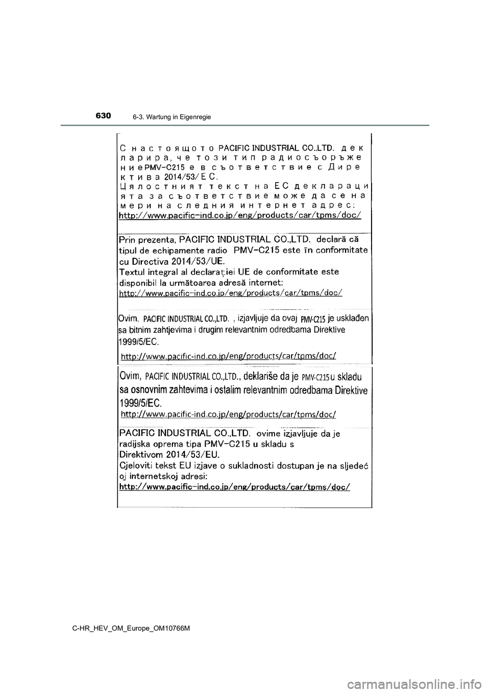 TOYOTA C-HR 2023  Betriebsanleitungen (in German) 6306-3. Wartung in Eigenregie
C-HR_HEV_OM_Europe_OM10766M 