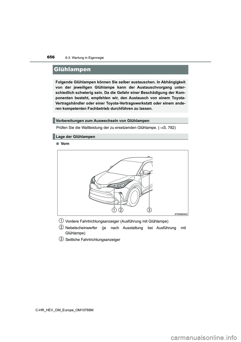 TOYOTA C-HR 2023  Betriebsanleitungen (in German) 6566-3. Wartung in Eigenregie
C-HR_HEV_OM_Europe_OM10766M
Glühlampen
Prüfen Sie die Wattleistung der zu ersetzenden Glühlampe. (S. 782)
■Vo r n
Folgende Glühlampen können Sie selber austausc