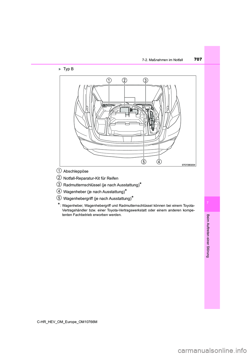 TOYOTA C-HR 2023 Betriebsanleitungen (in German) 7077-2. Maßnahmen im Notfall
C-HR_HEV_OM_Europe_OM10766M
7
Beim Auftreten einer Störung
Ty p B
Abschleppöse
Notfall-Reparatur-Kit für Reifen
Radmutternschlüssel (je nach Ausstattung)*
Wag TOYOTA C-HR 2023 Betriebsanleitungen (in German) 7077-2. Maßnahmen im Notfall
C-HR_HEV_OM_Europe_OM10766M
7
Beim Auftreten einer Störung
Ty p B
Abschleppöse
Notfall-Reparatur-Kit für Reifen
Radmutternschlüssel (je nach Ausstattung)*
Wag