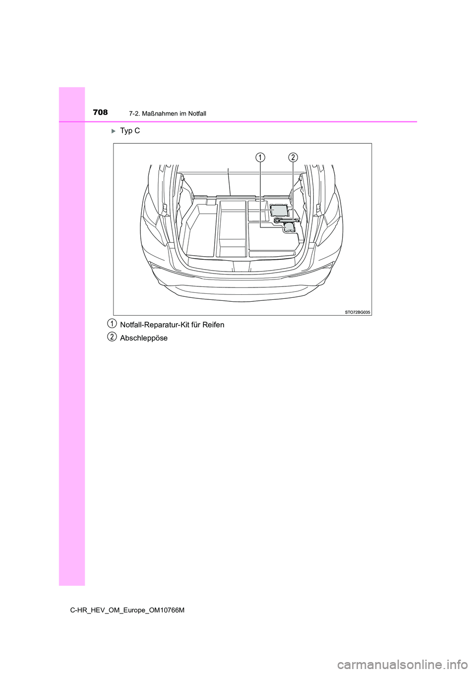 TOYOTA C-HR 2023 Betriebsanleitungen (in German) 7087-2. Maßnahmen im Notfall
C-HR_HEV_OM_Europe_OM10766M
Ty p C
Notfall-Reparatur-Kit für Reifen
Abschleppöse TOYOTA C-HR 2023 Betriebsanleitungen (in German) 7087-2. Maßnahmen im Notfall
C-HR_HEV_OM_Europe_OM10766M
Ty p C
Notfall-Reparatur-Kit für Reifen
Abschleppöse