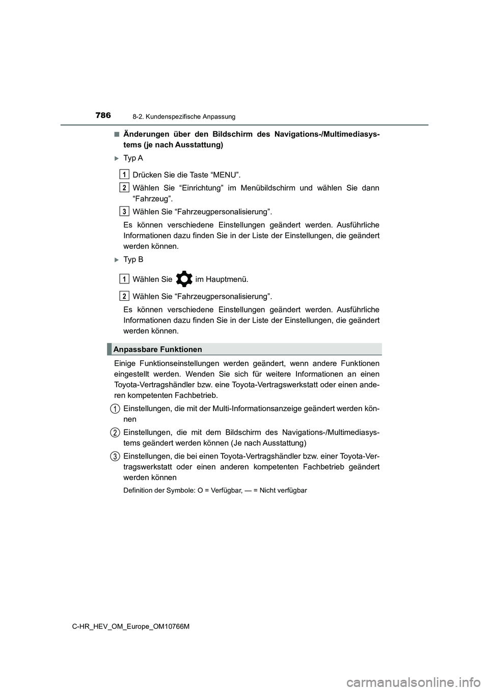 TOYOTA C-HR 2023 Betriebsanleitungen (in German) 7868-2. Kundenspezifische Anpassung
C-HR_HEV_OM_Europe_OM10766M
■Änderungen über den Bildschirm des Navigations-/Multimediasys-
tems (je nach Ausstattung)
Ty p A
Drücken Sie die Taste TOYOTA C-HR 2023 Betriebsanleitungen (in German) 7868-2. Kundenspezifische Anpassung
C-HR_HEV_OM_Europe_OM10766M
■Änderungen über den Bildschirm des Navigations-/Multimediasys-
tems (je nach Ausstattung)
Ty p A
Drücken Sie die Taste