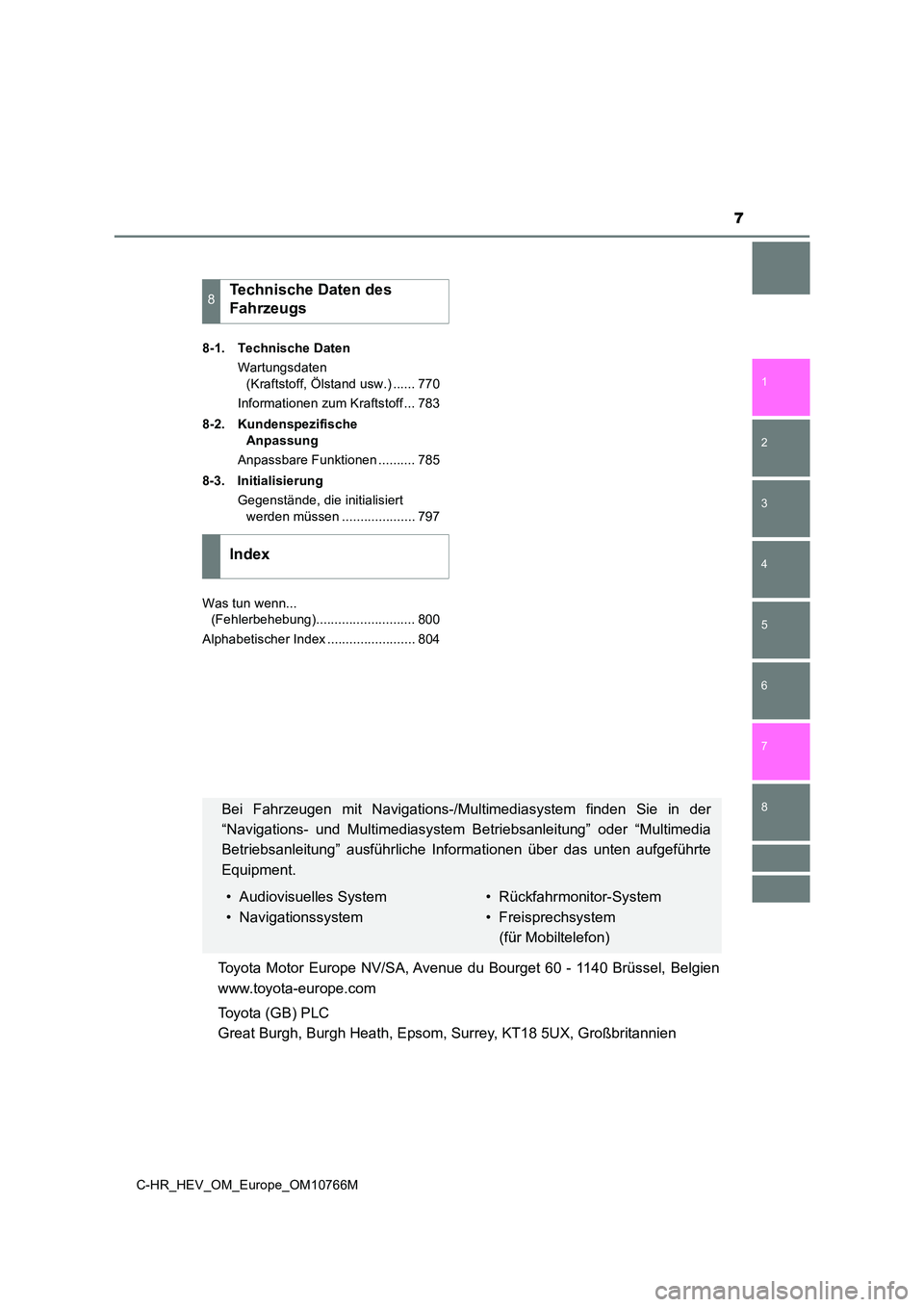TOYOTA C-HR 2023 Betriebsanleitungen (in German) 7
1
5
4
3
2
C-HR_HEV_OM_Europe_OM10766M
8
7
6
8-1. Technische Daten
Wartungsdaten
(Kraftstoff, Ölstand usw.) ...... 770
Informationen zum Kraftstoff ... 783
8-2. Kundenspezifische
Anpassung TOYOTA C-HR 2023 Betriebsanleitungen (in German) 7
1
5
4
3
2
C-HR_HEV_OM_Europe_OM10766M
8
7
6
8-1. Technische Daten
Wartungsdaten
(Kraftstoff, Ölstand usw.) ...... 770
Informationen zum Kraftstoff ... 783
8-2. Kundenspezifische
Anpassung