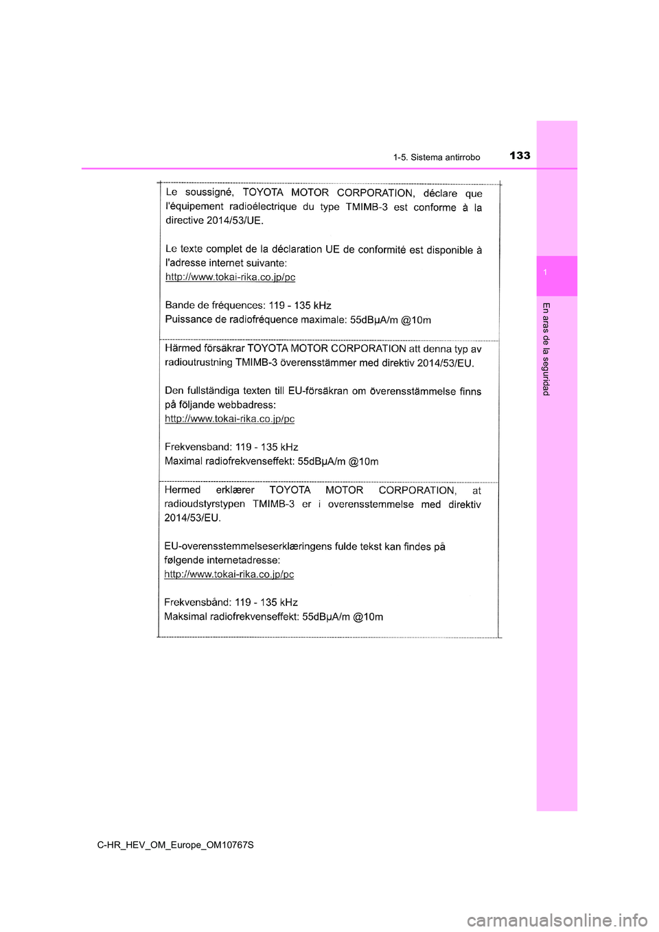 TOYOTA C-HR 2023  Manual del propietario (in Spanish) 1331-5. Sistema antirrobo
1
En aras de la seguridad
C-HR_HEV_OM_Europe_OM10767S 