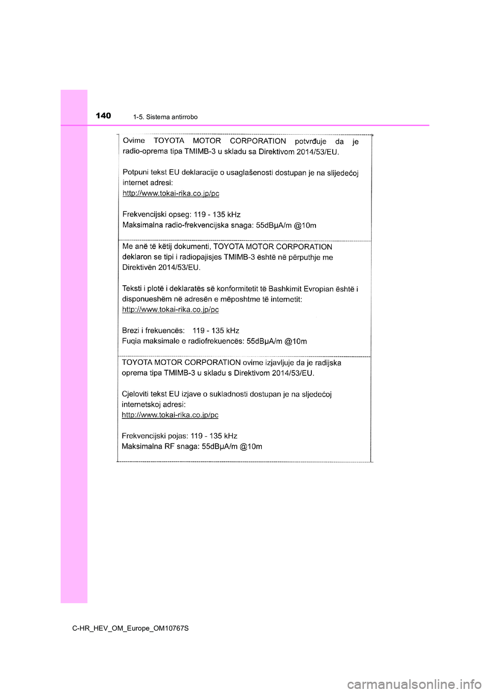 TOYOTA C-HR 2023  Manual del propietario (in Spanish) 1401-5. Sistema antirrobo
C-HR_HEV_OM_Europe_OM10767S 