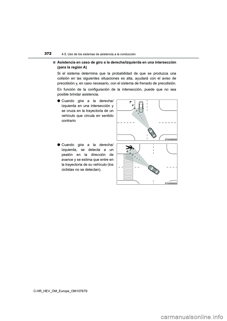 TOYOTA C-HR 2023 Manual del propietario (in Spanish) 3724-5. Uso de los sistemas de asistencia a la conducción
C-HR_HEV_OM_Europe_OM10767S
■Asistencia en caso de giro a la derecha/izquierda en una inters ección
(para la región A)
Si el sistema TOYOTA C-HR 2023 Manual del propietario (in Spanish) 3724-5. Uso de los sistemas de asistencia a la conducción
C-HR_HEV_OM_Europe_OM10767S
■Asistencia en caso de giro a la derecha/izquierda en una inters ección
(para la región A)
Si el sistema