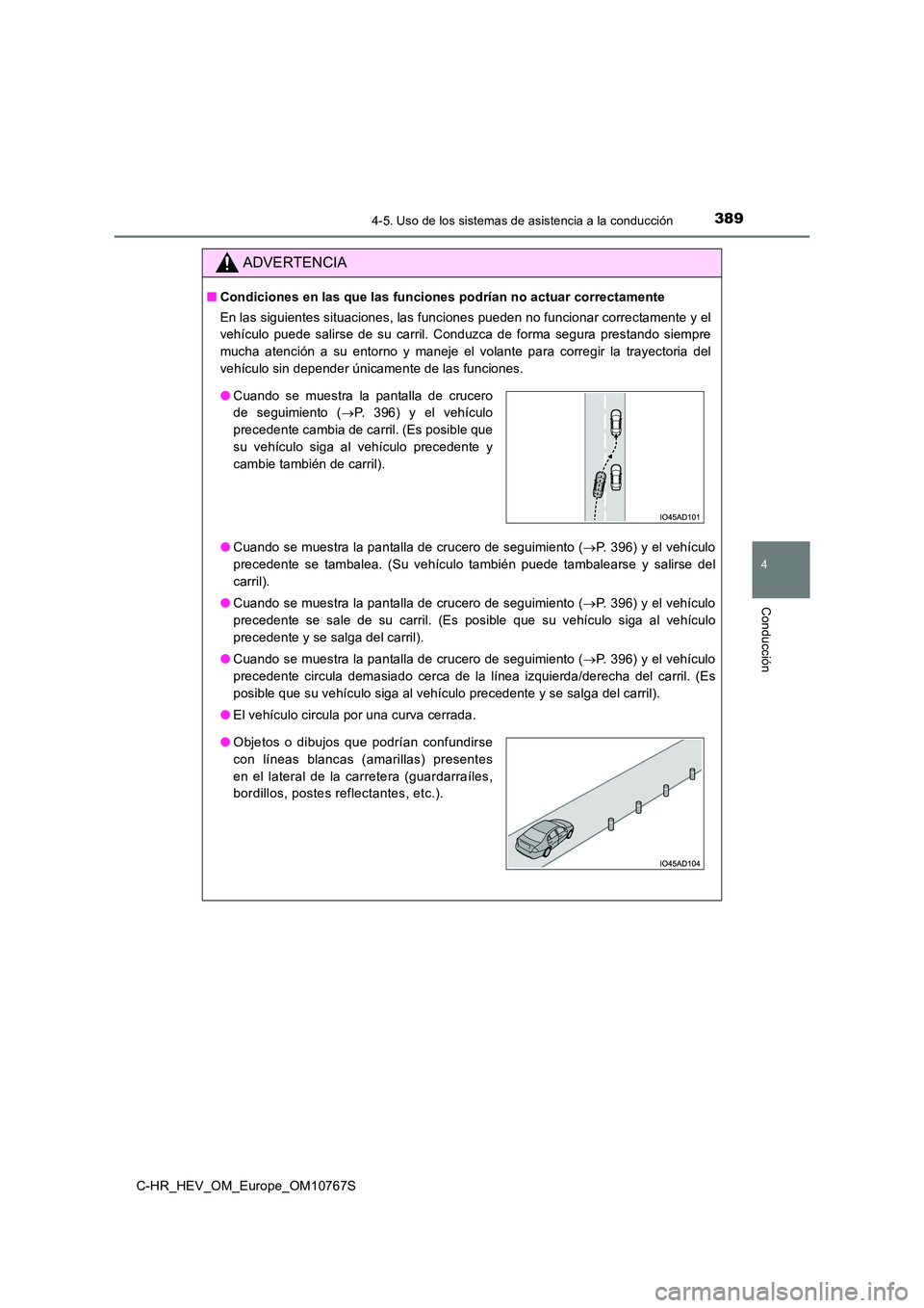 TOYOTA C-HR 2023 Manual del propietario (in Spanish) 3894-5. Uso de los sistemas de asistencia a la conducción
4
Conducción
C-HR_HEV_OM_Europe_OM10767S
ADVERTENCIA
■Condiciones en las que las funciones podrían no actuar correctamente
En las siguie TOYOTA C-HR 2023 Manual del propietario (in Spanish) 3894-5. Uso de los sistemas de asistencia a la conducción
4
Conducción
C-HR_HEV_OM_Europe_OM10767S
ADVERTENCIA
■Condiciones en las que las funciones podrían no actuar correctamente
En las siguie