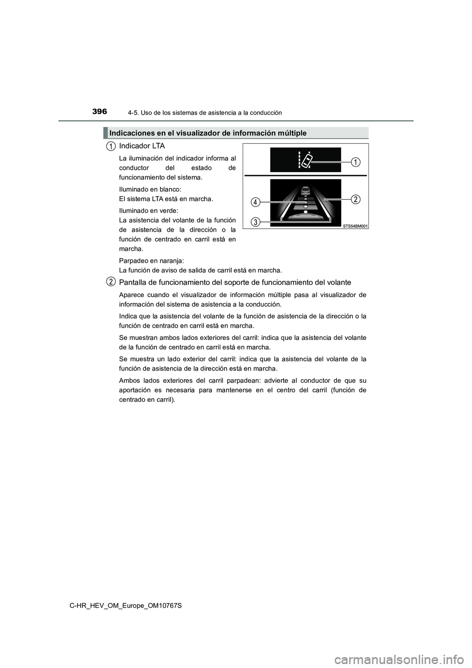TOYOTA C-HR 2023 Manual del propietario (in Spanish) 3964-5. Uso de los sistemas de asistencia a la conducción
C-HR_HEV_OM_Europe_OM10767S
Indicador LTA
La iluminación del indicador informa al
conductor del estado de
funcionamiento del sistem TOYOTA C-HR 2023 Manual del propietario (in Spanish) 3964-5. Uso de los sistemas de asistencia a la conducción
C-HR_HEV_OM_Europe_OM10767S
Indicador LTA
La iluminación del indicador informa al
conductor del estado de
funcionamiento del sistem