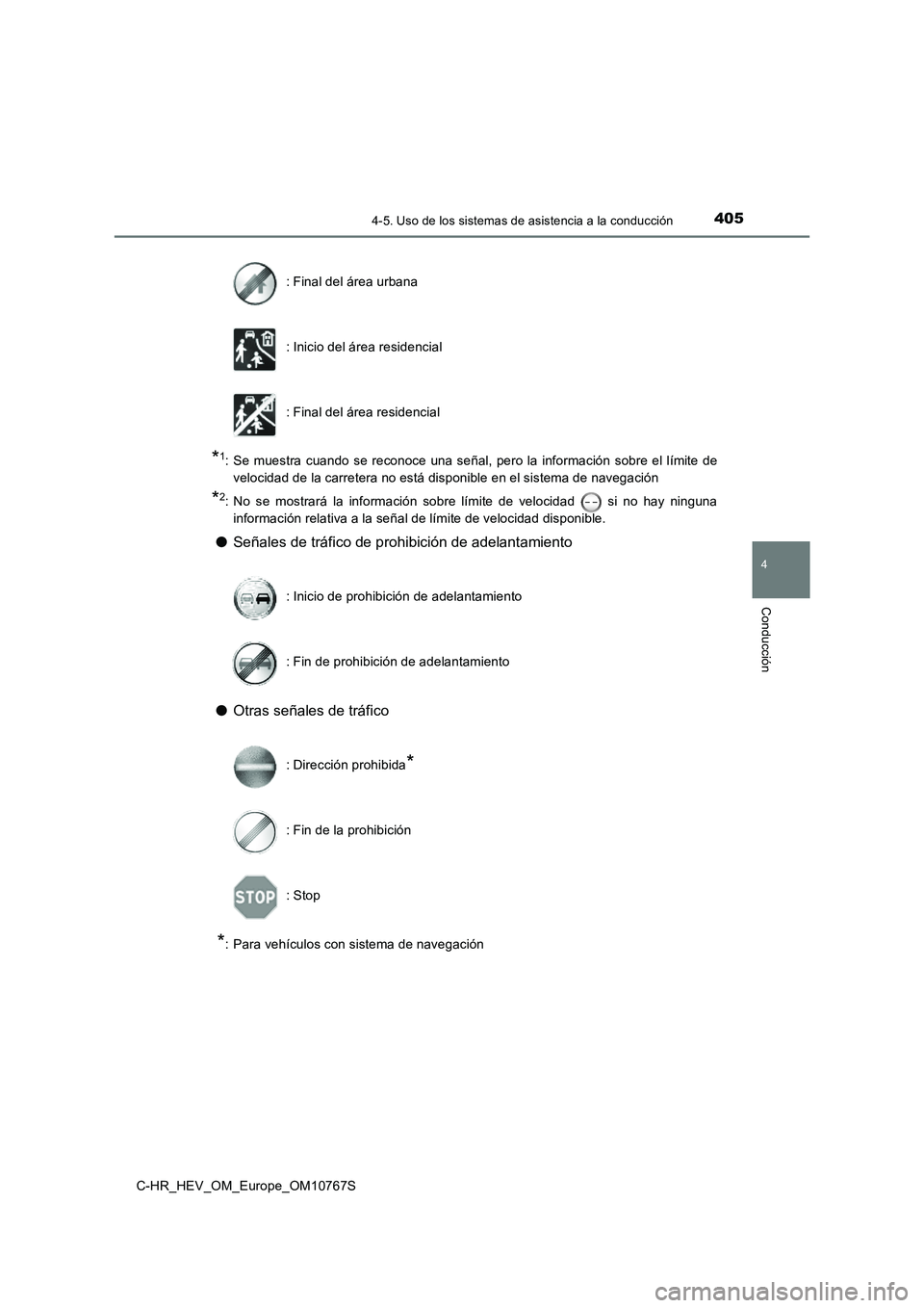 TOYOTA C-HR 2023 Manual del propietario (in Spanish) 4054-5. Uso de los sistemas de asistencia a la conducción
4
Conducción
C-HR_HEV_OM_Europe_OM10767S
*1: Se muestra cuando se reconoce una señal, pero la información sobre el límite de
velo TOYOTA C-HR 2023 Manual del propietario (in Spanish) 4054-5. Uso de los sistemas de asistencia a la conducción
4
Conducción
C-HR_HEV_OM_Europe_OM10767S
*1: Se muestra cuando se reconoce una señal, pero la información sobre el límite de
velo