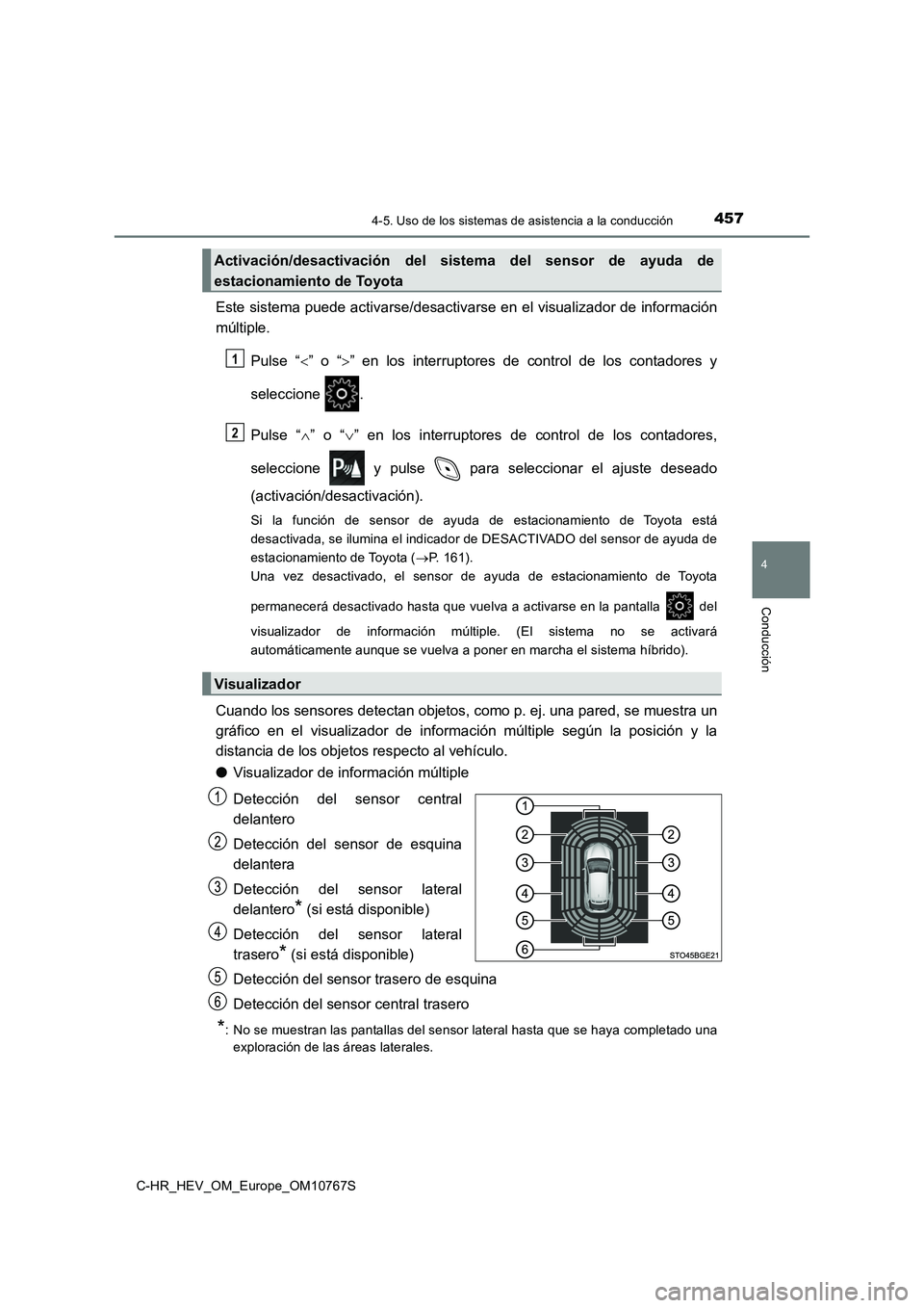 TOYOTA C-HR 2023 Manual del propietario (in Spanish) 4574-5. Uso de los sistemas de asistencia a la conducción
4
Conducción
C-HR_HEV_OM_Europe_OM10767S
Este sistema puede activarse/desactivarse en el visualizador de información
múltiple.
Pulse TOYOTA C-HR 2023 Manual del propietario (in Spanish) 4574-5. Uso de los sistemas de asistencia a la conducción
4
Conducción
C-HR_HEV_OM_Europe_OM10767S
Este sistema puede activarse/desactivarse en el visualizador de información
múltiple.
Pulse