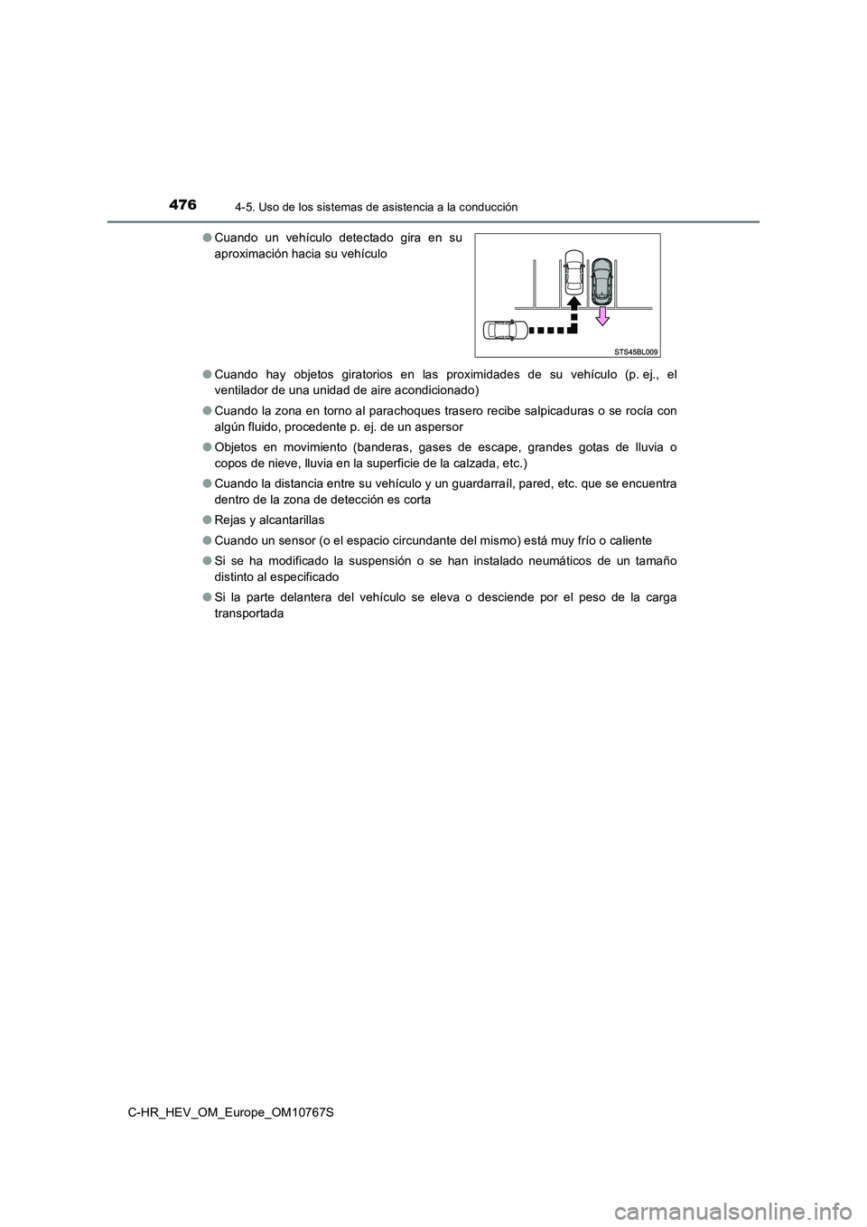 TOYOTA C-HR 2023 Manual del propietario (in Spanish) 4764-5. Uso de los sistemas de asistencia a la conducción
C-HR_HEV_OM_Europe_OM10767S
● Cuando hay objetos giratorios en las proximidades de su vehículo (p. ej., el
ventilador de una TOYOTA C-HR 2023 Manual del propietario (in Spanish) 4764-5. Uso de los sistemas de asistencia a la conducción
C-HR_HEV_OM_Europe_OM10767S
● Cuando hay objetos giratorios en las proximidades de su vehículo (p. ej., el
ventilador de una