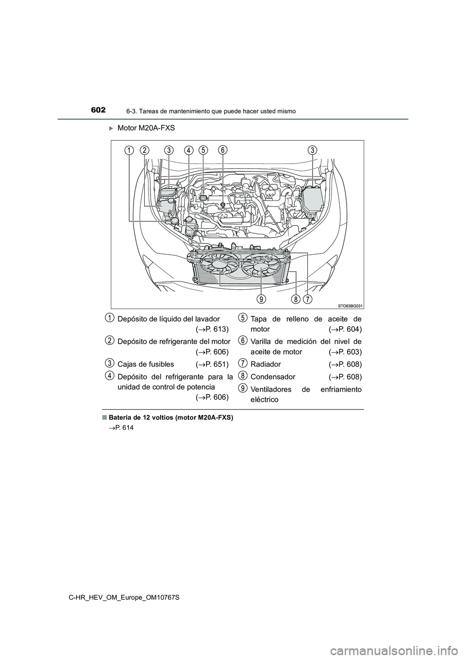 TOYOTA C-HR 2023 Manual del propietario (in Spanish) 6026-3. Tareas de mantenimiento que puede hacer usted mismo
C-HR_HEV_OM_Europe_OM10767S
Motor M20A-FXS
■Batería de 12 voltios (motor M20A-FXS)
P. 6 1 4
Depósito de líquido del lavador
TOYOTA C-HR 2023 Manual del propietario (in Spanish) 6026-3. Tareas de mantenimiento que puede hacer usted mismo
C-HR_HEV_OM_Europe_OM10767S
Motor M20A-FXS
■Batería de 12 voltios (motor M20A-FXS)
P. 6 1 4
Depósito de líquido del lavador