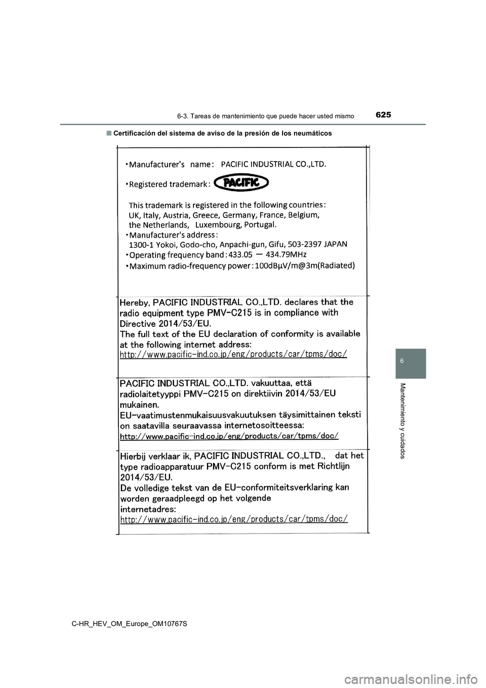 TOYOTA C-HR 2023 Manual del propietario (in Spanish) 6256-3. Tareas de mantenimiento que puede hacer usted mismo
C-HR_HEV_OM_Europe_OM10767S
6
Mantenimiento y cuidados
■Certificación del sistema de aviso de la presión de los neumáticos TOYOTA C-HR 2023 Manual del propietario (in Spanish) 6256-3. Tareas de mantenimiento que puede hacer usted mismo
C-HR_HEV_OM_Europe_OM10767S
6
Mantenimiento y cuidados
■Certificación del sistema de aviso de la presión de los neumáticos