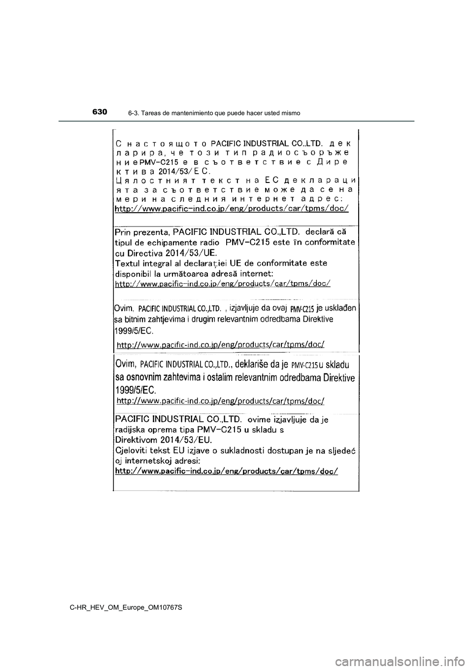 TOYOTA C-HR 2023 Manual del propietario (in Spanish) 6306-3. Tareas de mantenimiento que puede hacer usted mismo
C-HR_HEV_OM_Europe_OM10767S TOYOTA C-HR 2023 Manual del propietario (in Spanish) 6306-3. Tareas de mantenimiento que puede hacer usted mismo
C-HR_HEV_OM_Europe_OM10767S