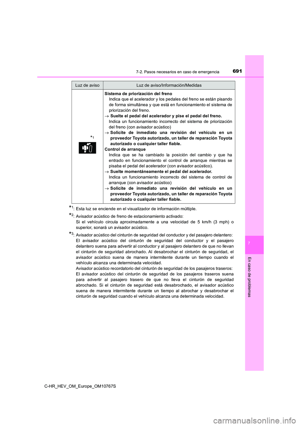 TOYOTA C-HR 2023  Manual del propietario (in Spanish) 6917-2. Pasos necesarios en caso de emergencia
C-HR_HEV_OM_Europe_OM10767S
7
En caso de problemas
*1: Esta luz se enciende en el visualizador de información múltiple.
*2: Avisador acústico de freno