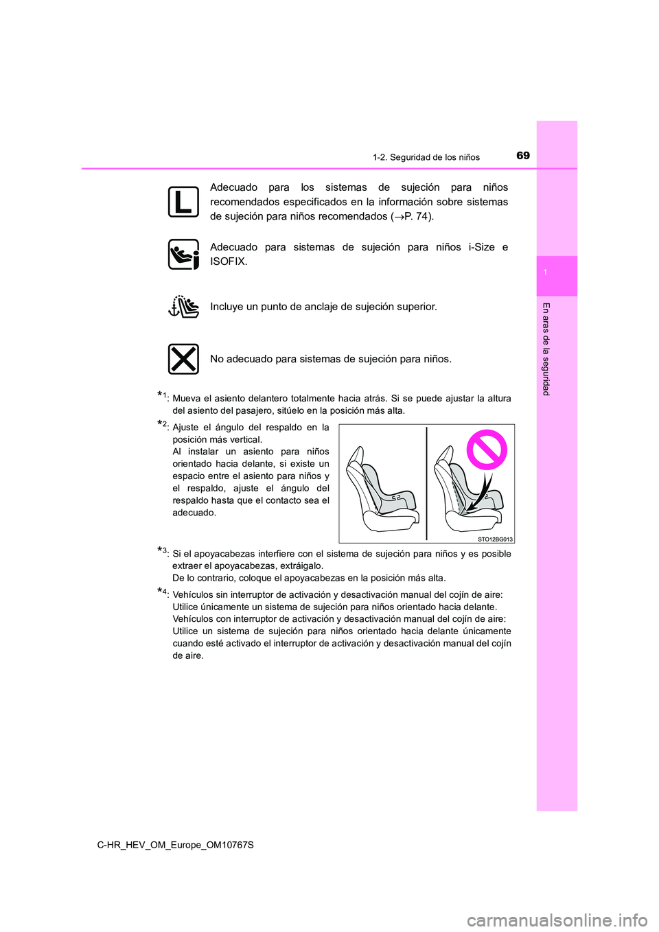 TOYOTA C-HR 2023 Manual del propietario (in Spanish) 691-2. Seguridad de los niños
1
En aras de la seguridad
C-HR_HEV_OM_Europe_OM10767S
*1: Mueva el asiento delantero totalmente hacia atrás. Si se puede ajustar la altura
del asiento del TOYOTA C-HR 2023 Manual del propietario (in Spanish) 691-2. Seguridad de los niños
1
En aras de la seguridad
C-HR_HEV_OM_Europe_OM10767S
*1: Mueva el asiento delantero totalmente hacia atrás. Si se puede ajustar la altura
del asiento del