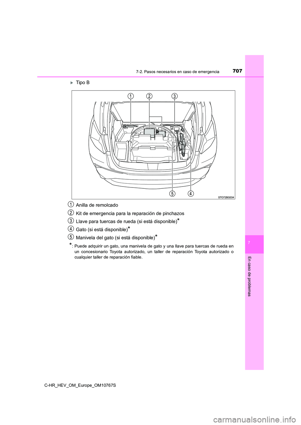 TOYOTA C-HR 2023 Manual del propietario (in Spanish) 7077-2. Pasos necesarios en caso de emergencia
C-HR_HEV_OM_Europe_OM10767S
7
En caso de problemas
Tipo B
Anilla de remolcado
Kit de emergencia para la reparación de pinchazos
Llave para tuerca TOYOTA C-HR 2023 Manual del propietario (in Spanish) 7077-2. Pasos necesarios en caso de emergencia
C-HR_HEV_OM_Europe_OM10767S
7
En caso de problemas
Tipo B
Anilla de remolcado
Kit de emergencia para la reparación de pinchazos
Llave para tuerca