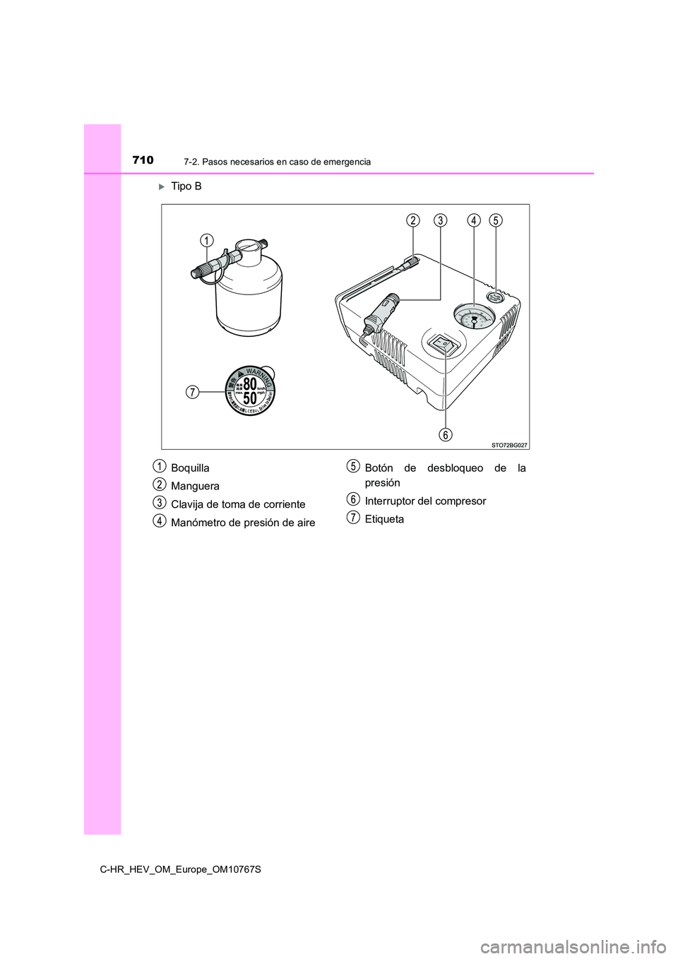 TOYOTA C-HR 2023  Manual del propietario (in Spanish) 7107-2. Pasos necesarios en caso de emergencia
C-HR_HEV_OM_Europe_OM10767S
Tipo B
Boquilla 
Manguera 
Clavija de toma de corriente 
Manómetro de presión de aire 
Botón  de  desbloqueo  de  la 
p