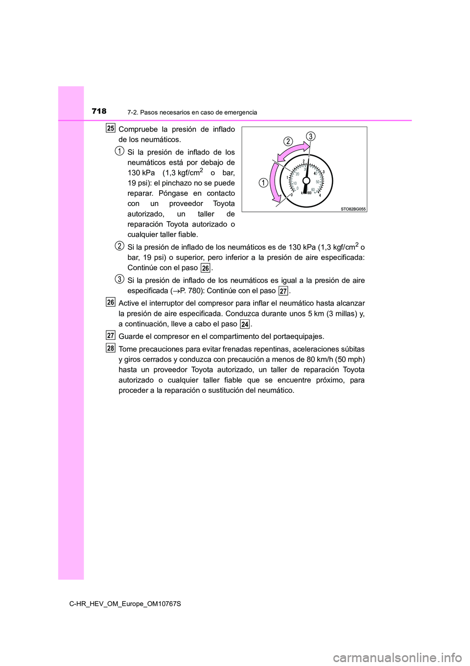 TOYOTA C-HR 2023 Manual del propietario (in Spanish) 7187-2. Pasos necesarios en caso de emergencia
C-HR_HEV_OM_Europe_OM10767S
Compruebe la presión de inflado
de los neumáticos.
Si la presión de inflado de los
neumáticos está por d TOYOTA C-HR 2023 Manual del propietario (in Spanish) 7187-2. Pasos necesarios en caso de emergencia
C-HR_HEV_OM_Europe_OM10767S
Compruebe la presión de inflado
de los neumáticos.
Si la presión de inflado de los
neumáticos está por d