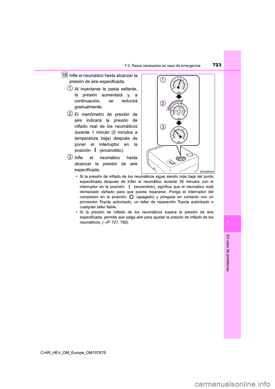 TOYOTA C-HR 2023 Manual del propietario (in Spanish) 7237-2. Pasos necesarios en caso de emergencia
C-HR_HEV_OM_Europe_OM10767S
7
En caso de problemas
Infle el neumático hasta alcanzar la
presión de aire especificada.
Al inyectarse la pasta sell TOYOTA C-HR 2023 Manual del propietario (in Spanish) 7237-2. Pasos necesarios en caso de emergencia
C-HR_HEV_OM_Europe_OM10767S
7
En caso de problemas
Infle el neumático hasta alcanzar la
presión de aire especificada.
Al inyectarse la pasta sell
