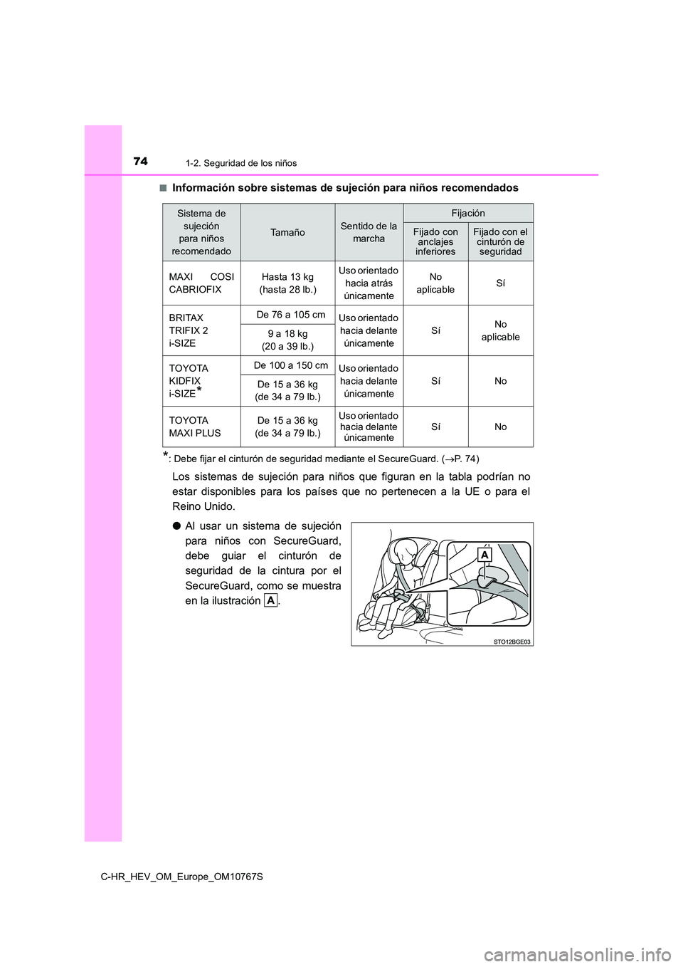 TOYOTA C-HR 2023 Manual del propietario (in Spanish) 741-2. Seguridad de los niños
C-HR_HEV_OM_Europe_OM10767S
■Información sobre sistemas de sujeción para niños recomendados
*: Debe fijar el cinturón de seguridad mediante el SecureGuard. (P TOYOTA C-HR 2023 Manual del propietario (in Spanish) 741-2. Seguridad de los niños
C-HR_HEV_OM_Europe_OM10767S
■Información sobre sistemas de sujeción para niños recomendados
*: Debe fijar el cinturón de seguridad mediante el SecureGuard. (P