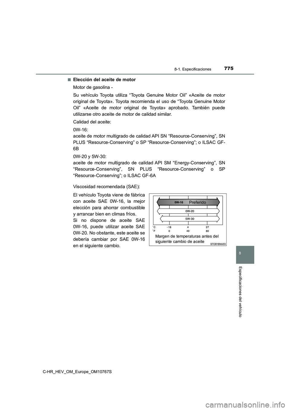 TOYOTA C-HR 2023 Manual del propietario (in Spanish) 7758-1. Especificaciones
C-HR_HEV_OM_Europe_OM10767S
8
Especificaciones del vehículo
■Elección del aceite de motor
Motor de gasolina -
Su vehículo Toyota utiliza “Toyota Genuine Motor TOYOTA C-HR 2023 Manual del propietario (in Spanish) 7758-1. Especificaciones
C-HR_HEV_OM_Europe_OM10767S
8
Especificaciones del vehículo
■Elección del aceite de motor
Motor de gasolina -
Su vehículo Toyota utiliza “Toyota Genuine Motor