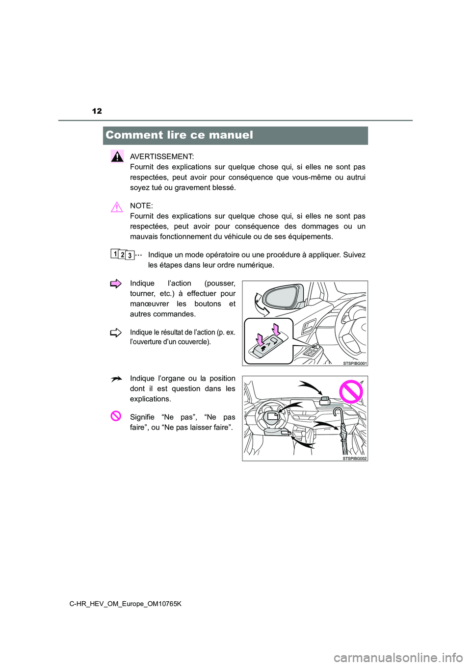 TOYOTA C-HR 2023 Manuel du propriétaire (in French) 12
C-HR_HEV_OM_Europe_OM10765K
Comment lire ce manuel
AVERTISSEMENT:
Fournit des explications sur quelque chose qui, si elles ne son t pas
respectées, peut avoir pour conséquence TOYOTA C-HR 2023 Manuel du propriétaire (in French) 12
C-HR_HEV_OM_Europe_OM10765K
Comment lire ce manuel
AVERTISSEMENT:
Fournit des explications sur quelque chose qui, si elles ne son t pas
respectées, peut avoir pour conséquence
