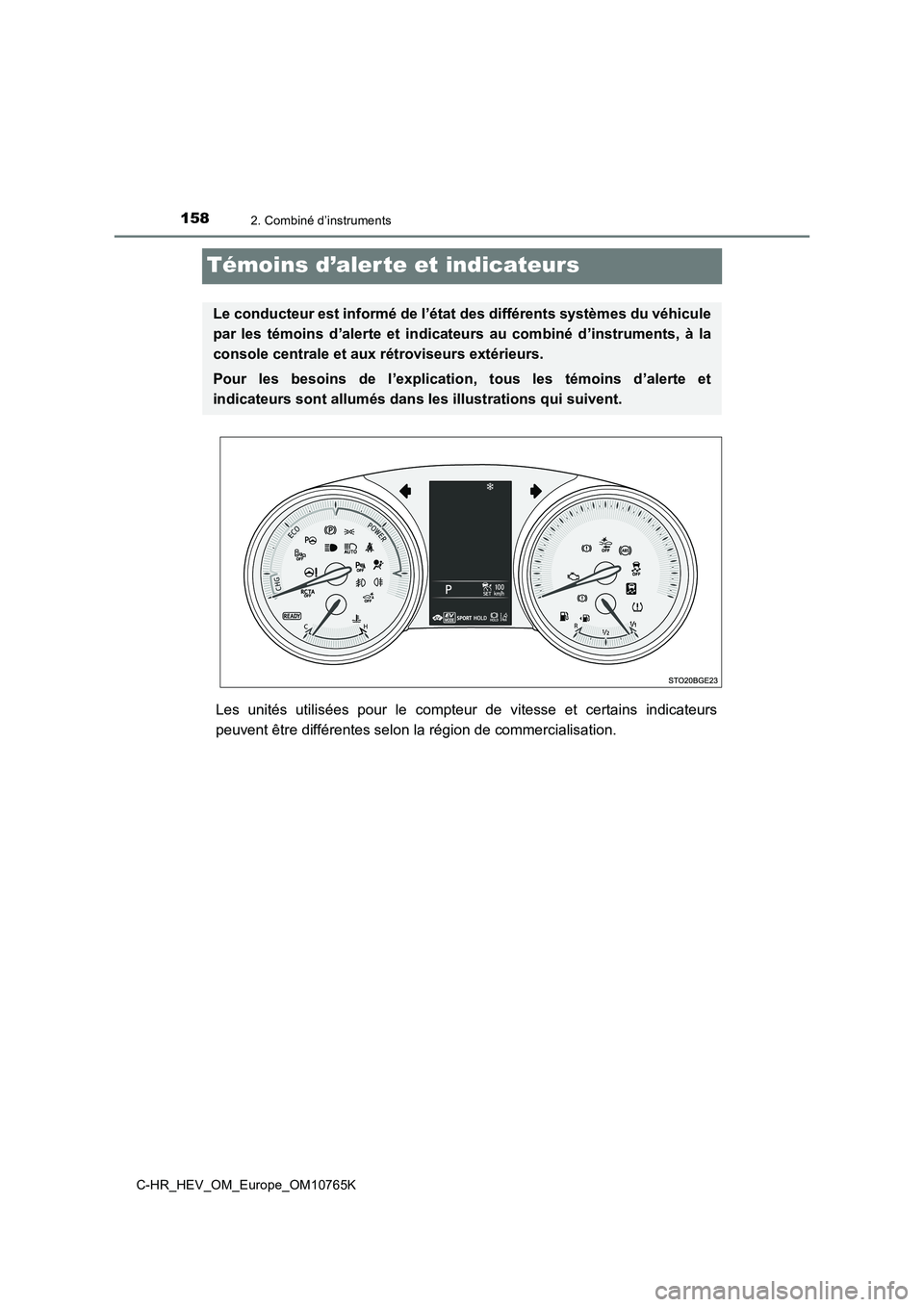 TOYOTA C-HR 2023  Manuel du propriétaire (in French) 1582. Combiné d’instruments
C-HR_HEV_OM_Europe_OM10765K
Témoins d’aler te et indicateurs
Les  unités  utilisées  pour  le  compteur  de  vitesse  et  certains  indicateurs 
peuvent être diff