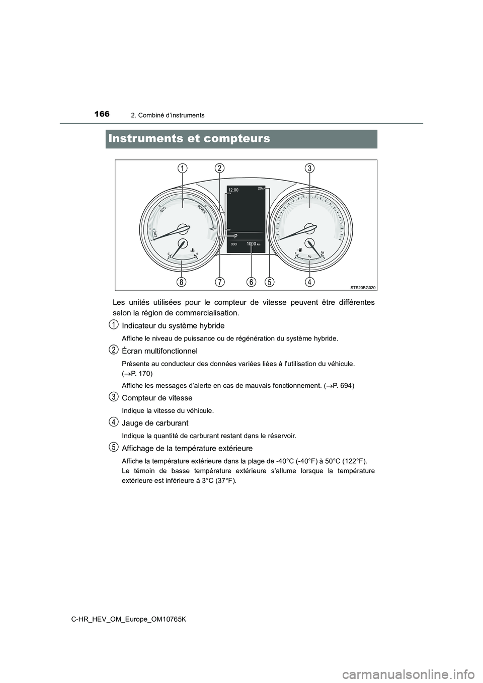 TOYOTA C-HR 2023 Manuel du propriétaire (in French) 1662. Combiné d’instruments
C-HR_HEV_OM_Europe_OM10765K
Instruments et compteurs
Les unités utilisées pour le compteur de vitesse peuvent être différentes
selon la région de commerc TOYOTA C-HR 2023 Manuel du propriétaire (in French) 1662. Combiné d’instruments
C-HR_HEV_OM_Europe_OM10765K
Instruments et compteurs
Les unités utilisées pour le compteur de vitesse peuvent être différentes
selon la région de commerc